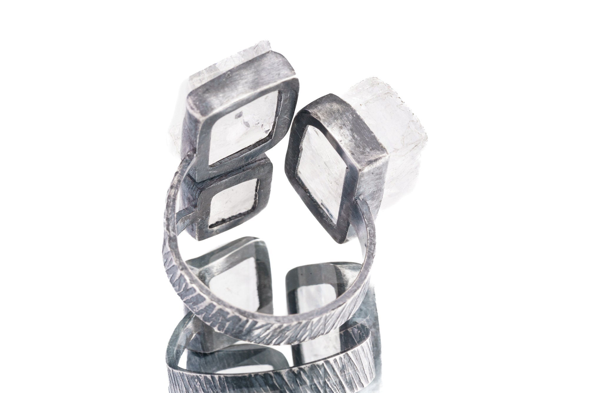 TRIPLE Optical Selenite - 925 Sterling Silver - Multi Stone - Textured, Oxidised - Open Ring Band - Adjustable US 6 - 10 - NO/16