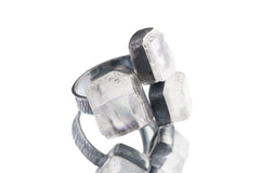 TRIPLE Optical Selenite - 925 Sterling Silver - Multi Stone - Textured, Oxidised - Open Ring Band - Adjustable US 6 - 10 - NO/16