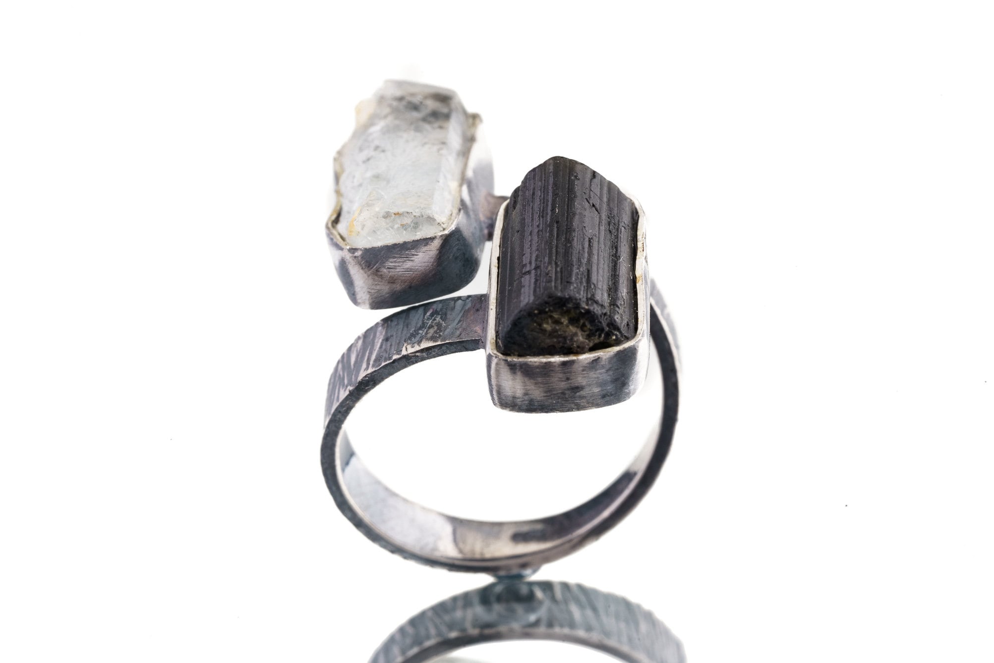 Aquamarine & Gem Tourmaline- 925 Sterling Silver - Double Stone - Textured, Oxidised - Open Ring Band - Adjustable US 4 - 10 - NO/1