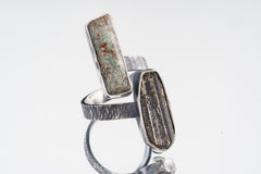 Aquamarine & Gem Tourmaline- 925 Sterling Silver - Double Stone - Textured, Oxidised - Open Ring Band - Adjustable US 4-10 - NO/6
