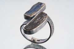 Blue Kyanite & Gem Tourmaline- 925 Sterling Silver - Double Stone - Textured, Oxidised - Open Ring Band - Adjustable US 4-10 - NO/7