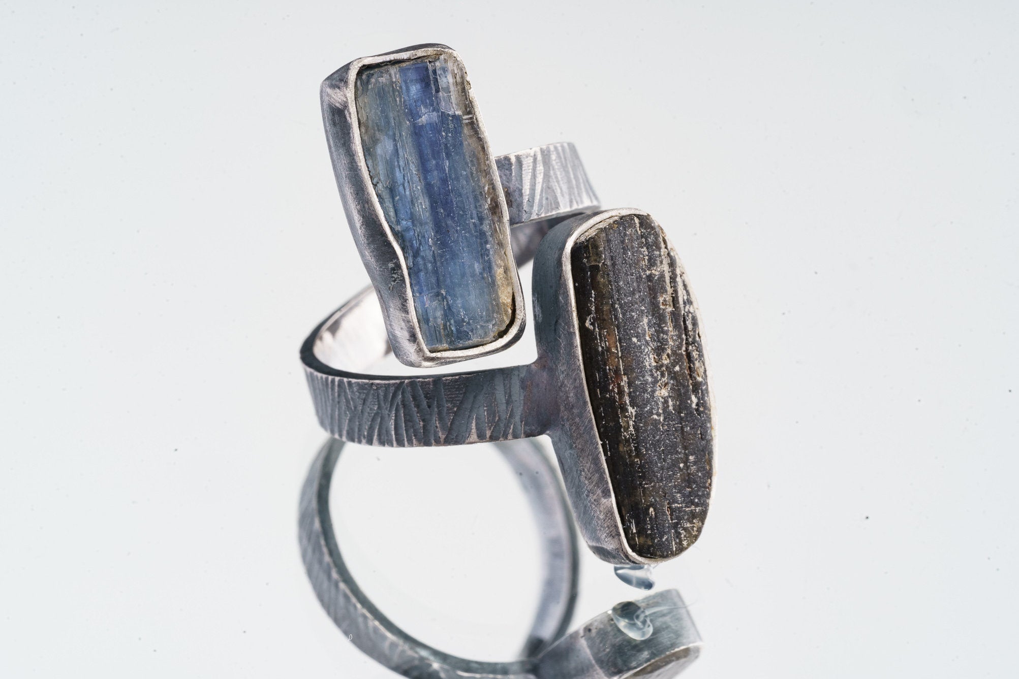 Blue Kyanite & Gem Tourmaline- 925 Sterling Silver - Double Stone - Textured, Oxidised - Open Ring Band - Adjustable US 4-10 - NO/7