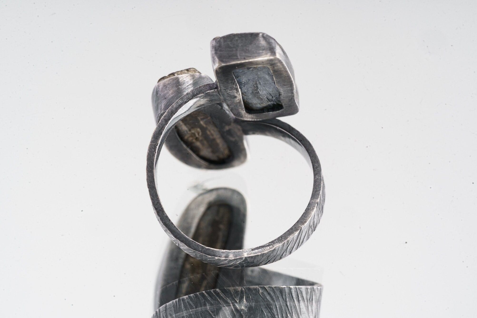 Blue Kyanite & Gem Tourmaline- 925 Sterling Silver - Double Stone - Textured, Oxidised - Open Ring Band - Adjustable US 4-10 - NO/7
