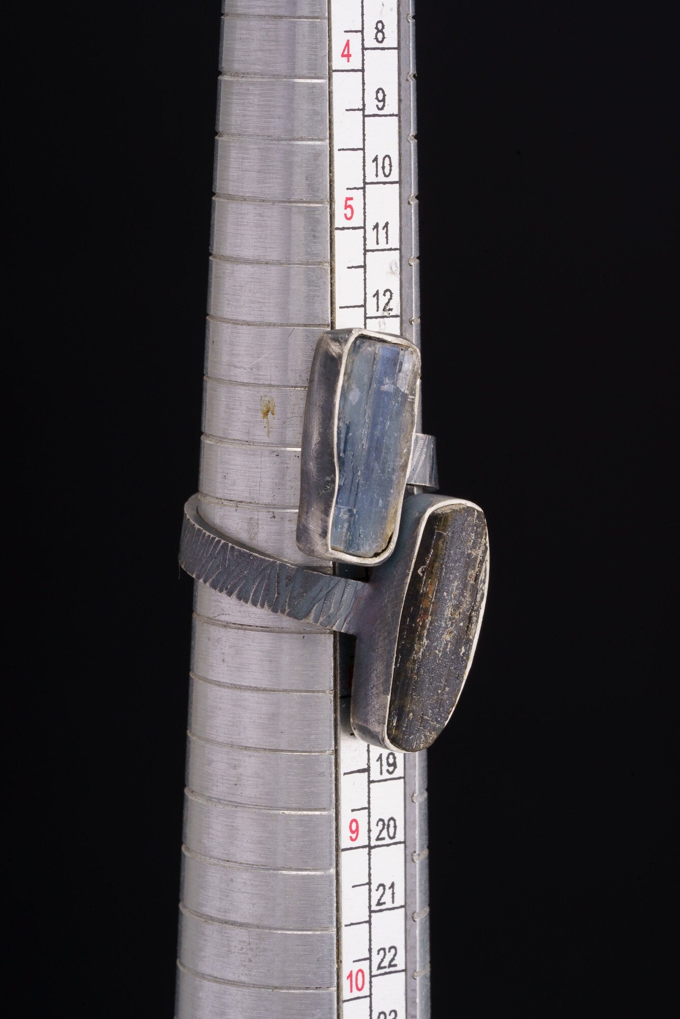 Blue Kyanite & Gem Tourmaline- 925 Sterling Silver - Double Stone - Textured, Oxidised - Open Ring Band - Adjustable US 4-10 - NO/7
