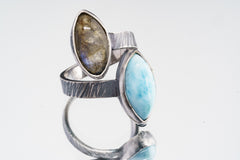 Larimar & Labradorite Eye - 925 Sterling Silver - Double Stone - Textured, Oxidised - Open Ring Band - Adjustable US 4-10 - NO/10