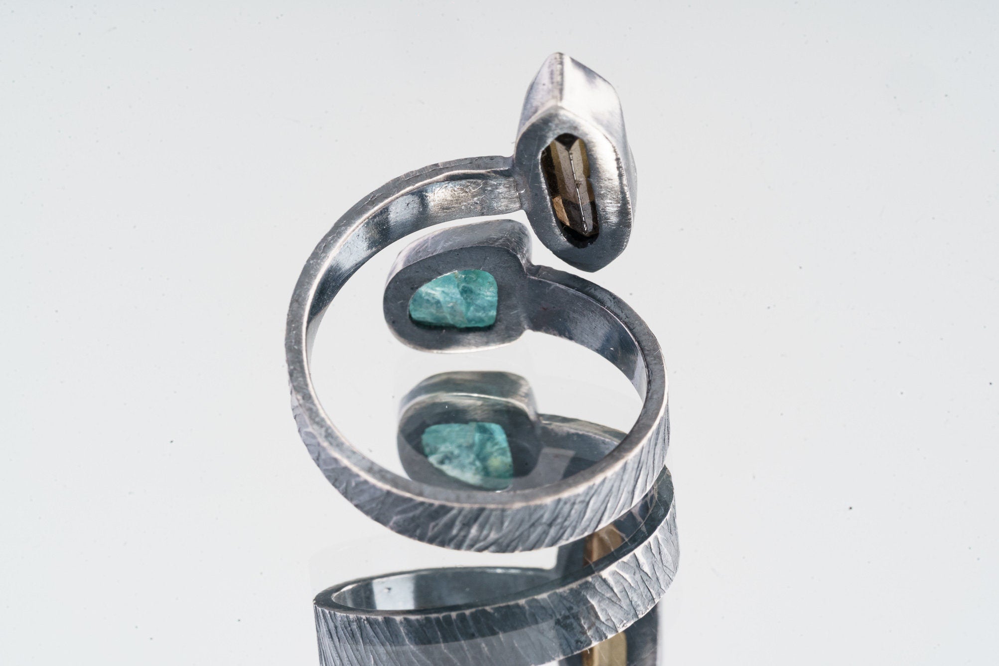 DT Cut Smoky Quartz & Apatite - 925 Sterling Silver - Double Stone - Textured, Oxidised - Open Ring Band - Adjustable US 4 - 10 - NO/13
