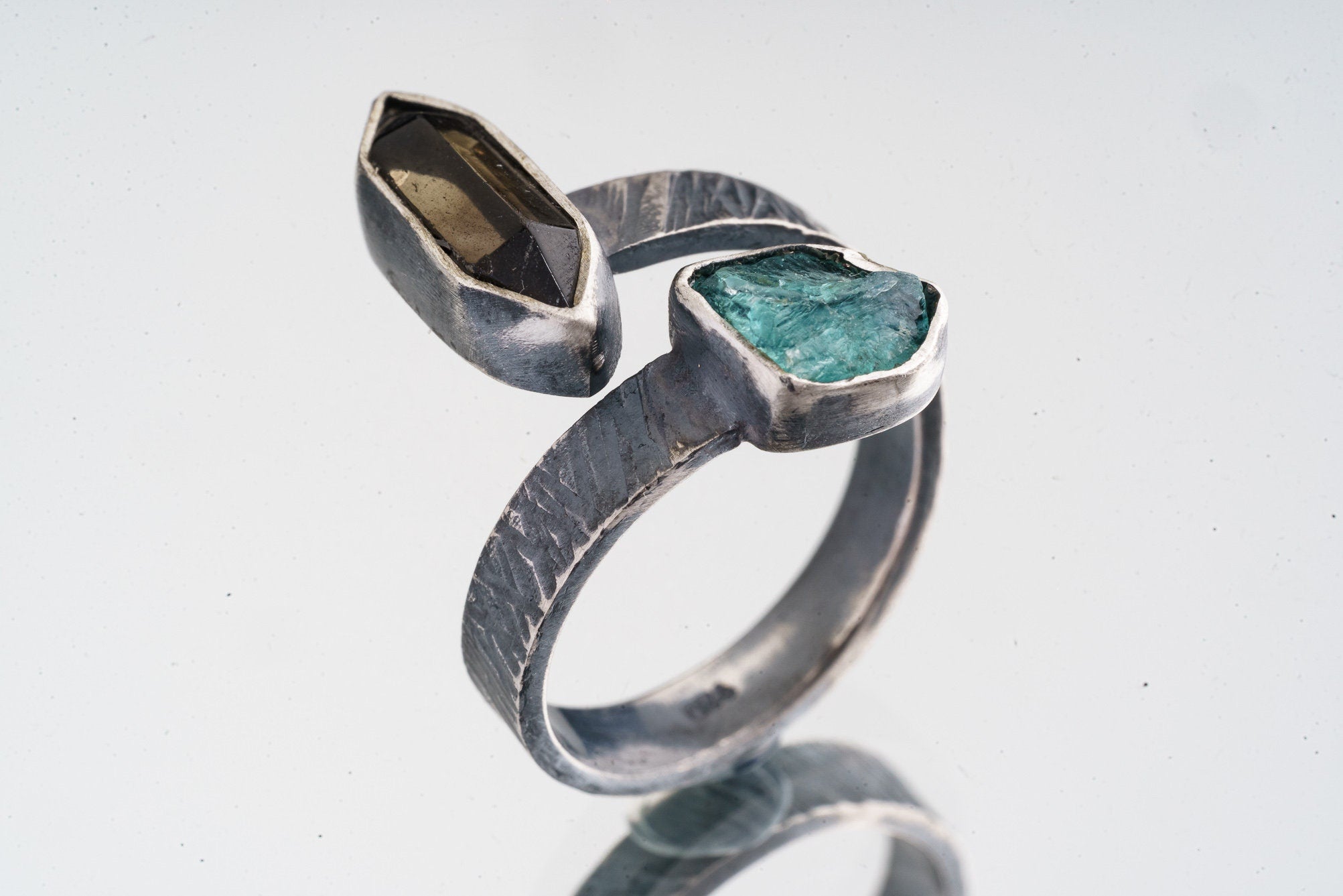 DT Cut Smoky Quartz & Apatite - 925 Sterling Silver - Double Stone - Textured, Oxidised - Open Ring Band - Adjustable US 4 - 10 - NO/13