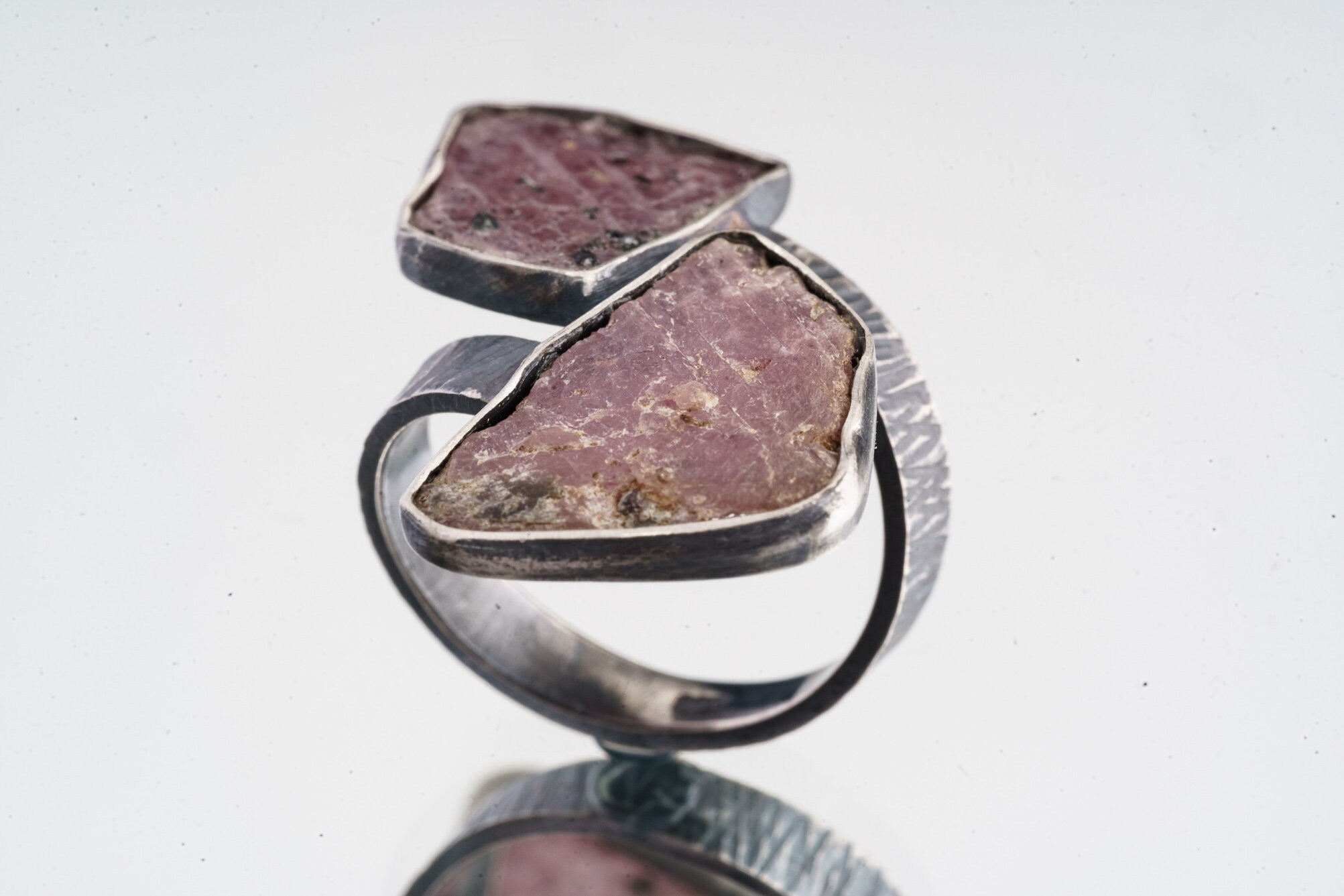 Double Raw Ruby - 925 Sterling Silver - Double Stone - Textured, Oxidised - Open Ring Band - Adjustable US 4 - 10 - NO/18