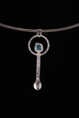 Raw Blue Gem Apatite - Spice / Ceremonial Spoon - 925 Cast Silver - Unique Hammer Textured - Crystal Pendant Necklace -