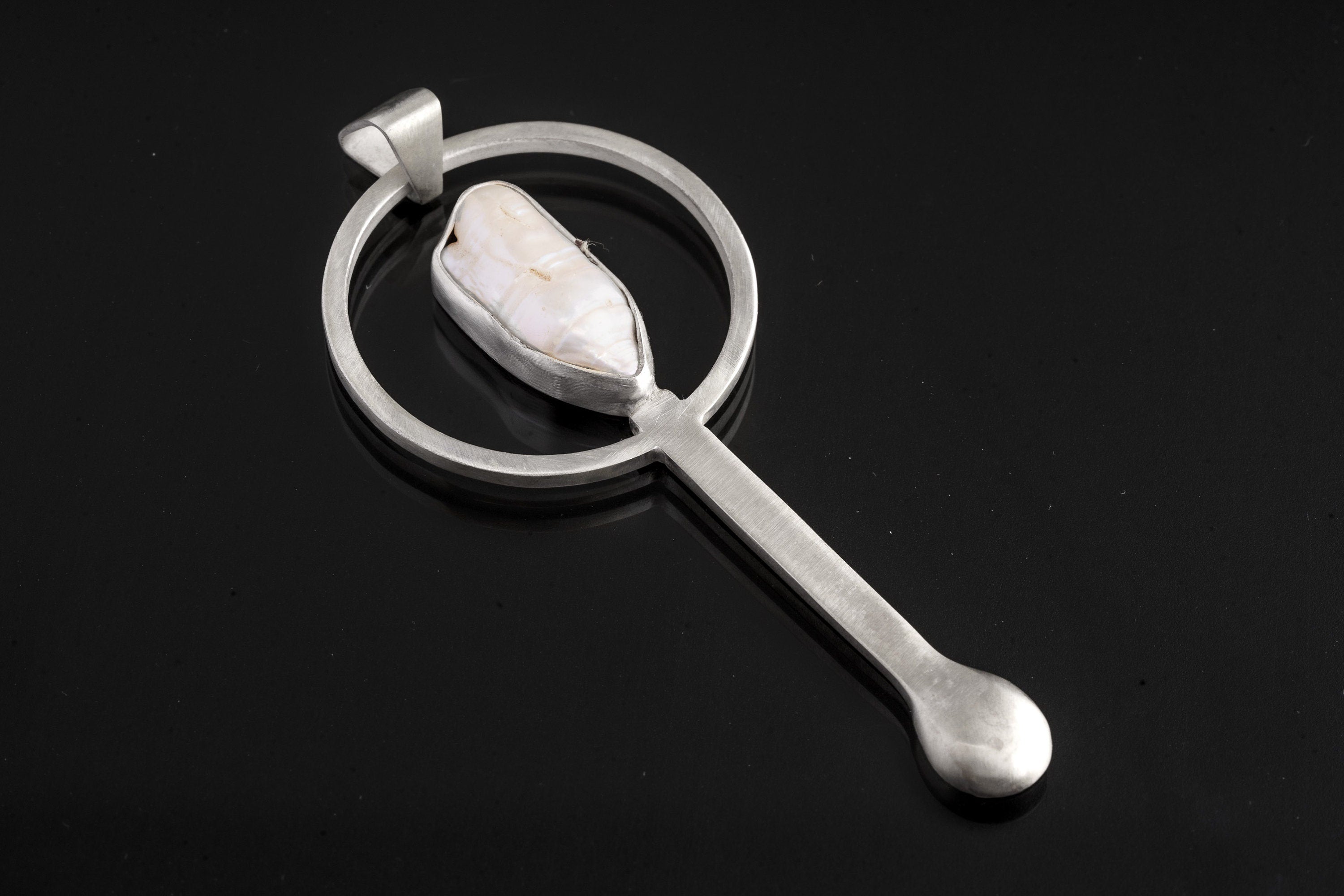 Large Pearl - Spice / Ceremonial Spoon - 925 Cast Silver - Unique Brush Textured - Crystal Pendant Necklace -