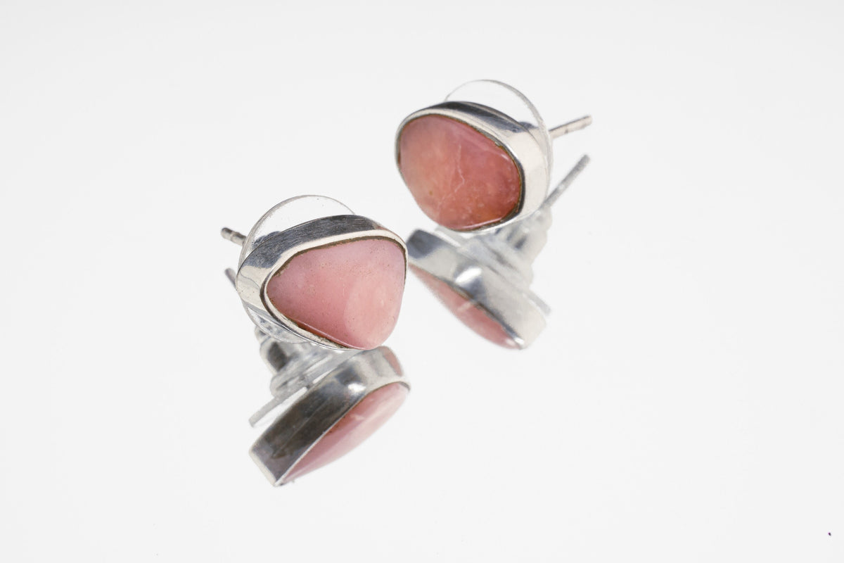 Gem Rhodochrosite Stud - organic shaped Pair - Sterling Silver - Polished Finish - Freeform Earring Studs