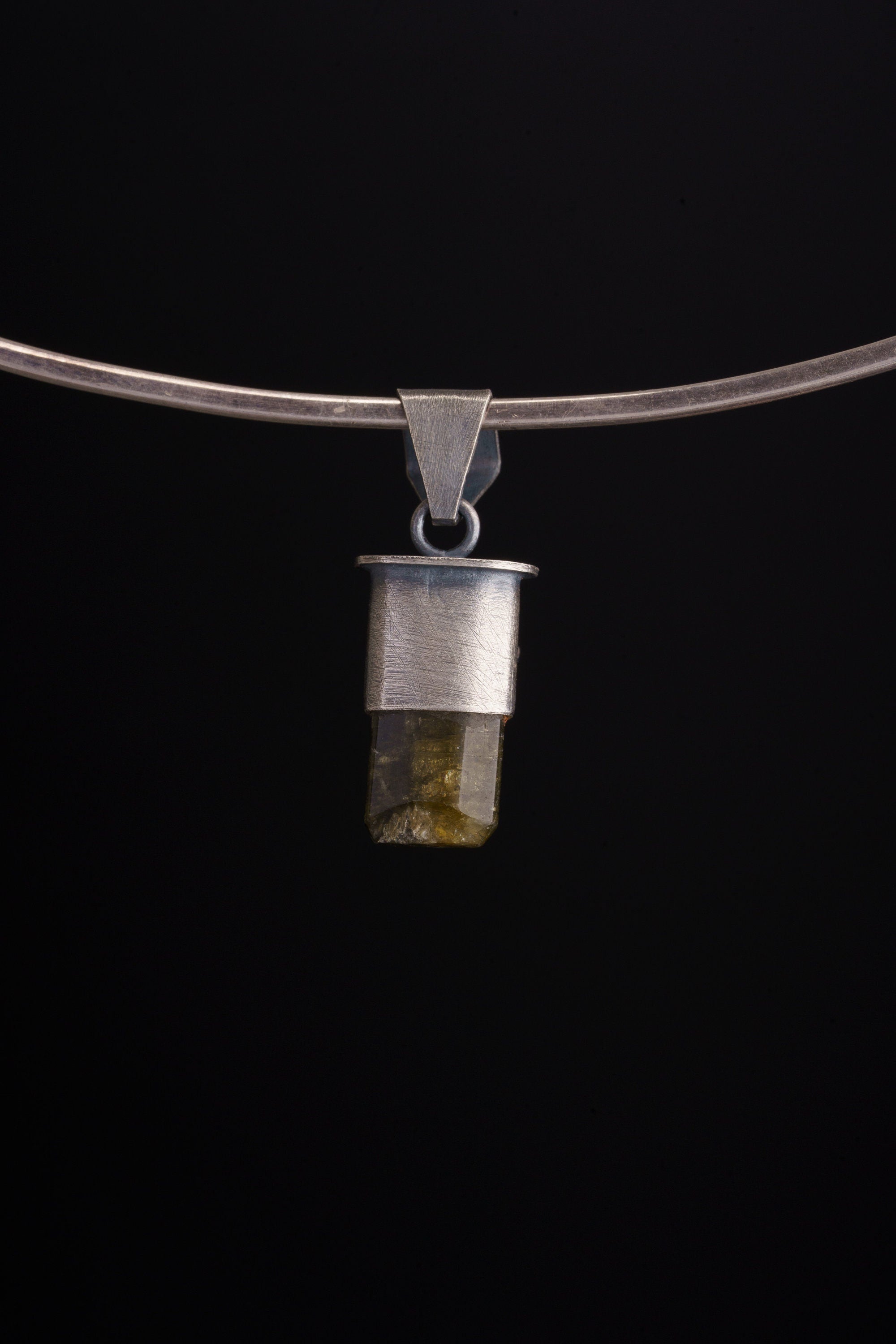 Polished Gem Olive Green Tourmaline with well-formed Herkimer Diamond - Rustic Brush Textured & Oxidised Sterling Silver - Crystal Pendant
