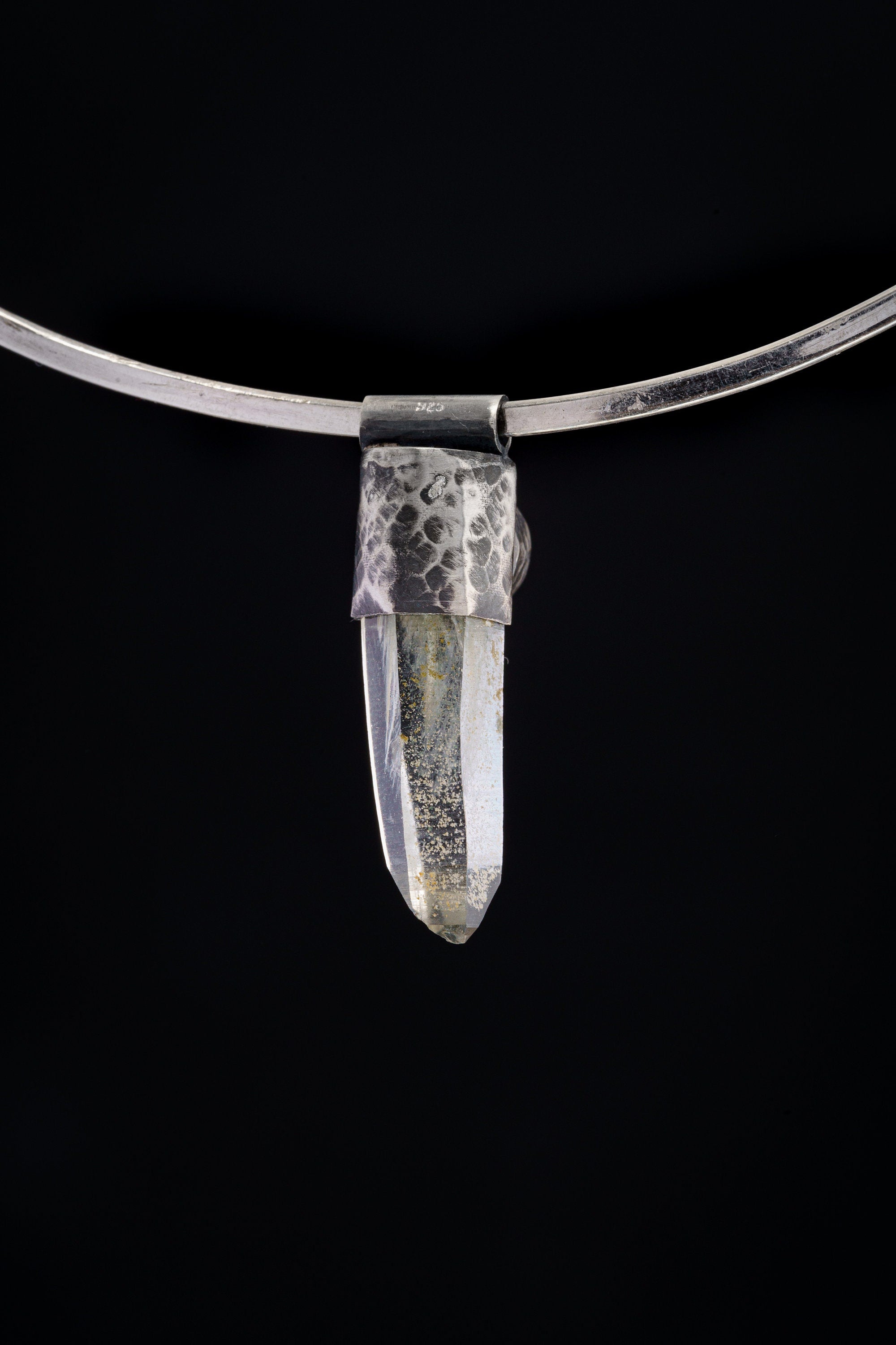 Nepali Green Rutile Laser Chlorite Quartz Point with a South Sea Pearl - Stack Pendant - Textured & Oxidised 925 Sterling Silver - NO 6