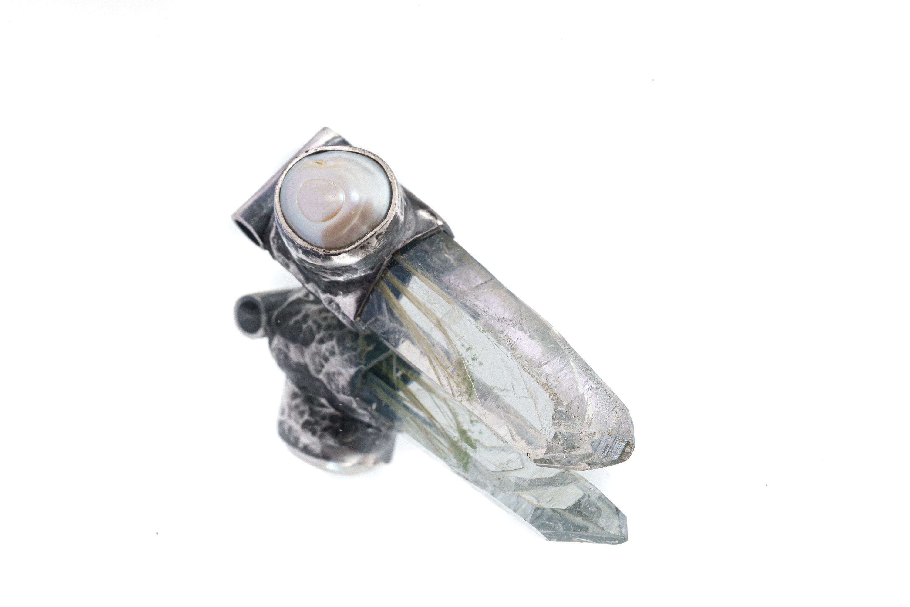 NEPLAE Yellow Rutile Laser Chlorite Quartz Point with a South Sea Pearl - Stack Pendant - Textured & Oxidised 925 Sterling Silver - NO 1