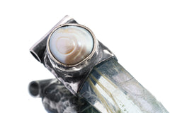 NEPLAE Yellow Rutile Laser Chlorite Quartz Point with a South Sea Pearl - Stack Pendant - Textured & Oxidised 925 Sterling Silver - NO 1