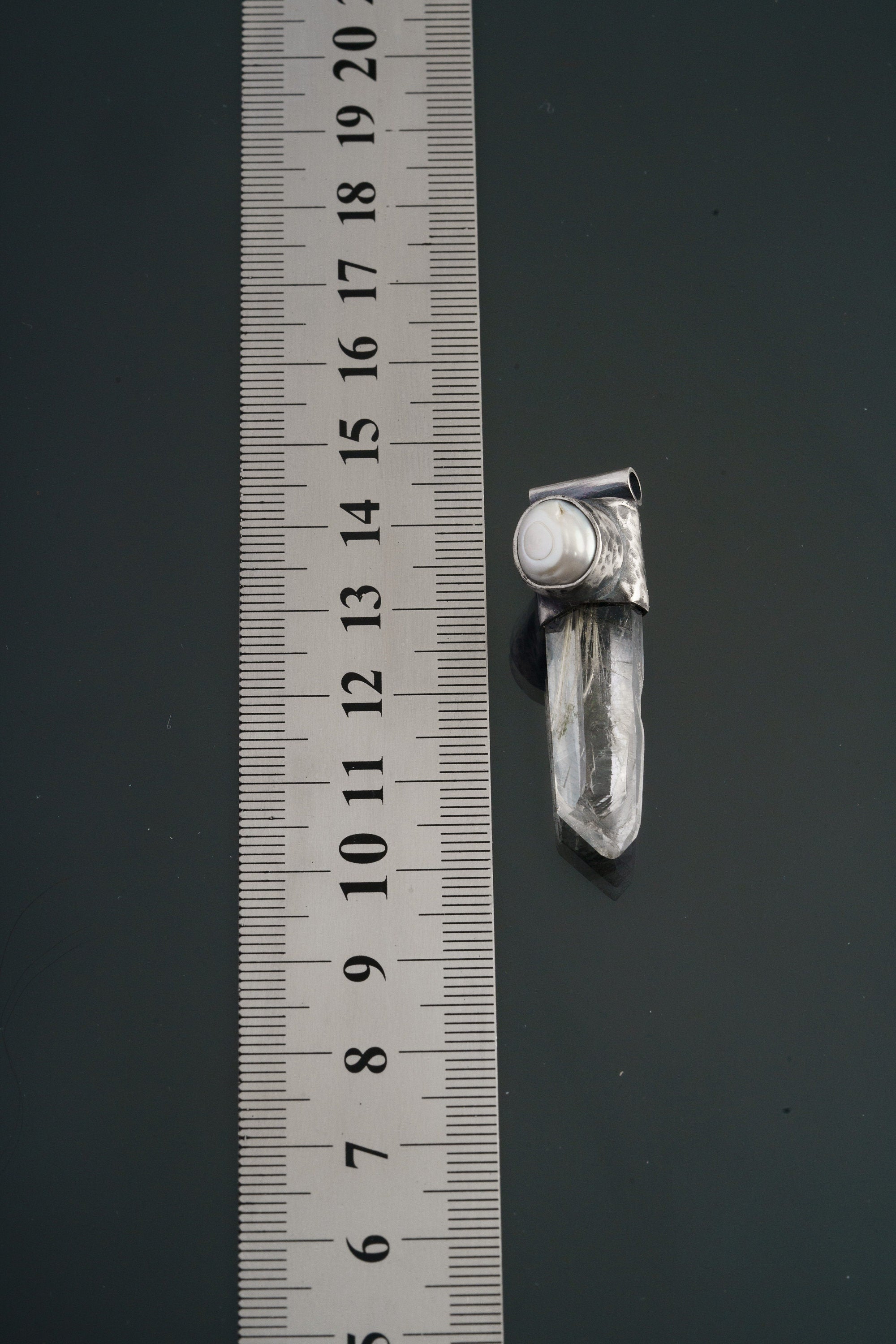NEPLAE Yellow Rutile Laser Chlorite Quartz Point with a South Sea Pearl - Stack Pendant - Textured & Oxidised 925 Sterling Silver - NO 1