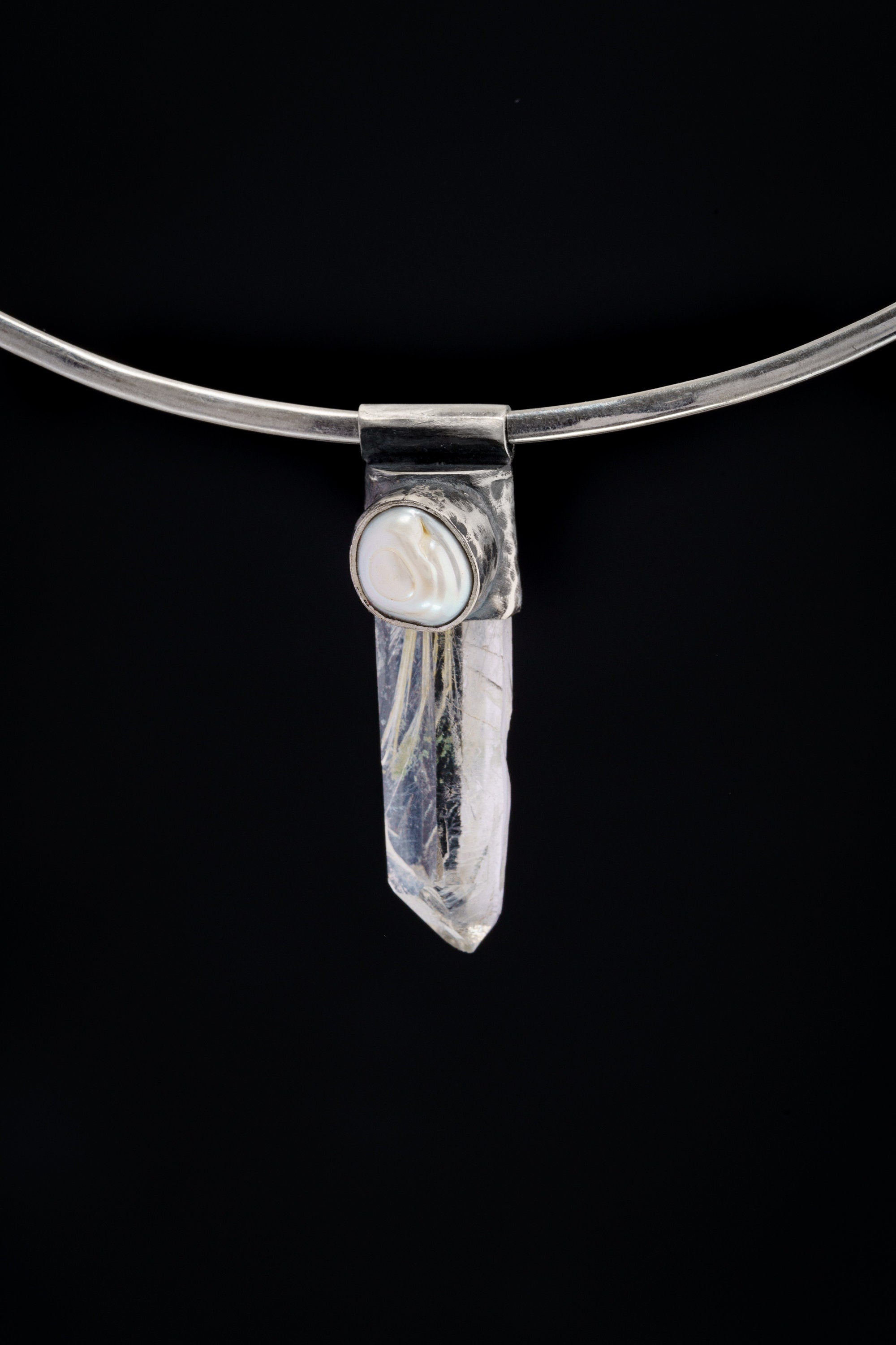 NEPLAE Yellow Rutile Laser Chlorite Quartz Point with a South Sea Pearl - Stack Pendant - Textured & Oxidised 925 Sterling Silver - NO 1