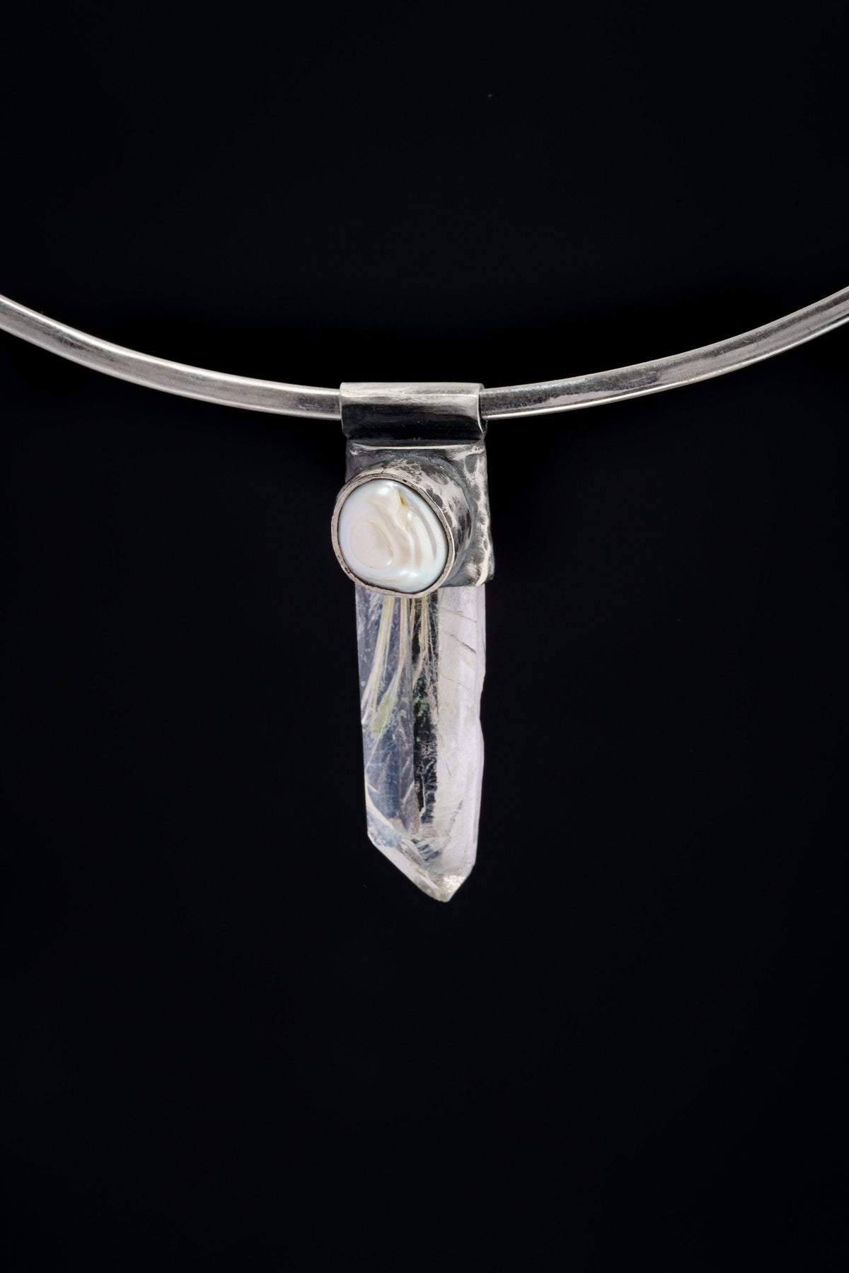 NEPLAE Yellow Rutile Laser Chlorite Quartz Point with a South Sea Pearl - Stack Pendant - Textured & Oxidised 925 Sterling Silver - NO 1