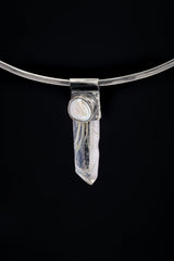 NEPLAE Yellow Rutile Laser Chlorite Quartz Point with a South Sea Pearl - Stack Pendant - Textured & Oxidised 925 Sterling Silver - NO 1