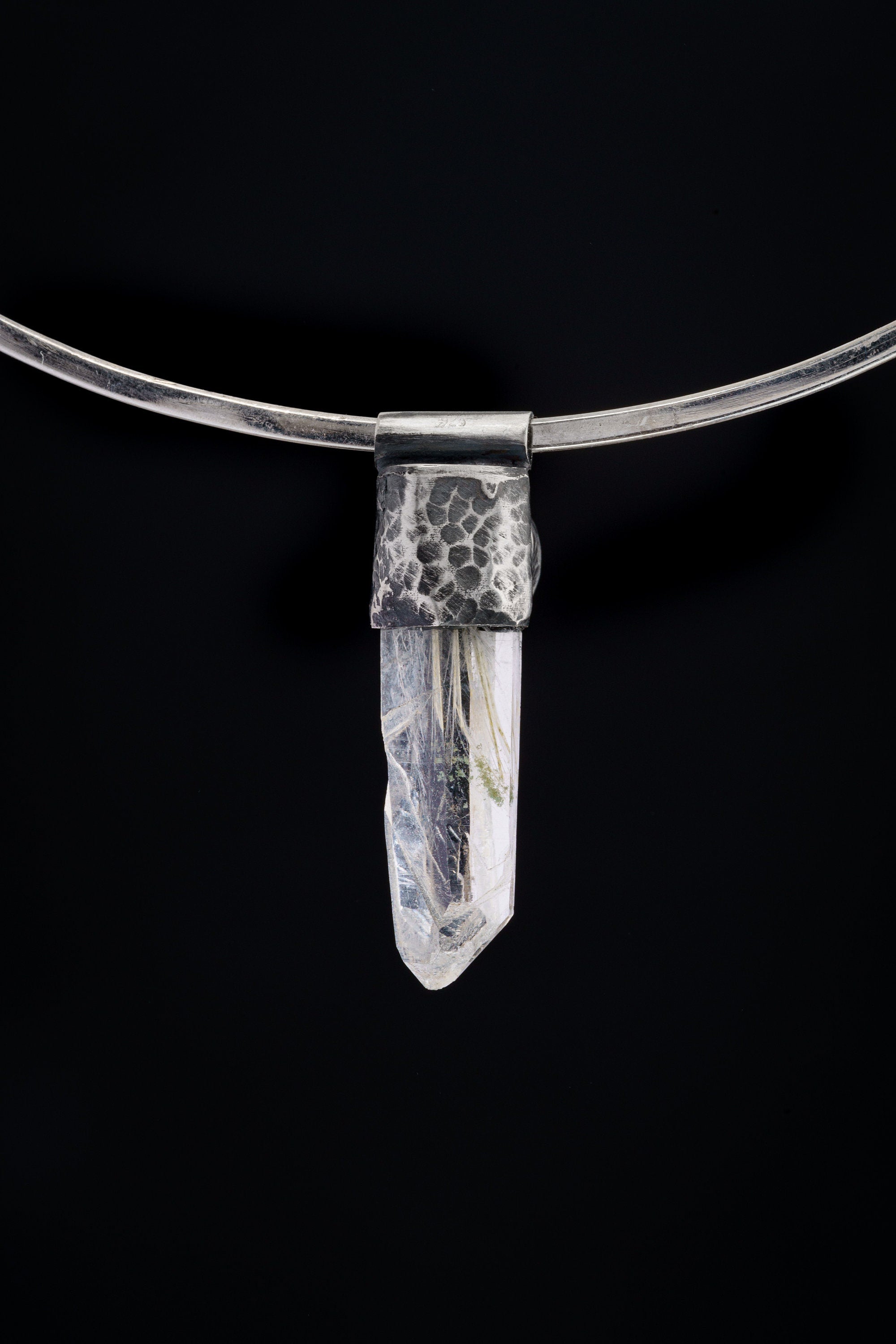 NEPLAE Yellow Rutile Laser Chlorite Quartz Point with a South Sea Pearl - Stack Pendant - Textured & Oxidised 925 Sterling Silver - NO 1