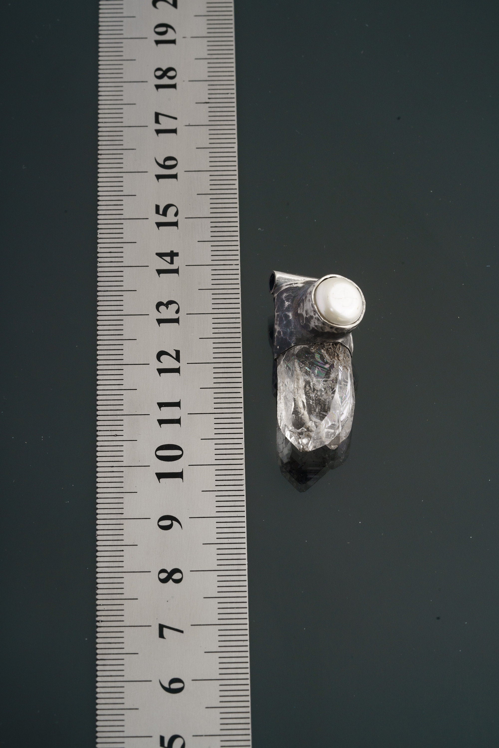 NEPLAE Brown Chlorite Twin Quartz Point with a South Sea Pearl - Stack Pendant - Textured & Oxidised 925 Sterling Silver - NO18