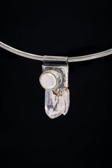 NEPLAE Brown Chlorite Twin Quartz Point with a South Sea Pearl - Stack Pendant - Textured & Oxidised 925 Sterling Silver - NO18