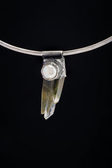 Nepali Brown / Green Phantom Chlorite Twin Quartz with a South Sea Pearl - Stack Pendant - Textured & Oxidised 925 Sterling Silver - NO19