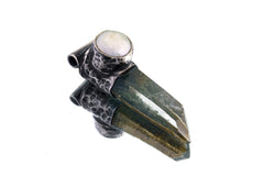 Nepali Yellow / Green Rutile Chlorite Quartz with a South Sea Pearl - Stack Pendant - Textured & Oxidised 925 Sterling Silver - NO 28