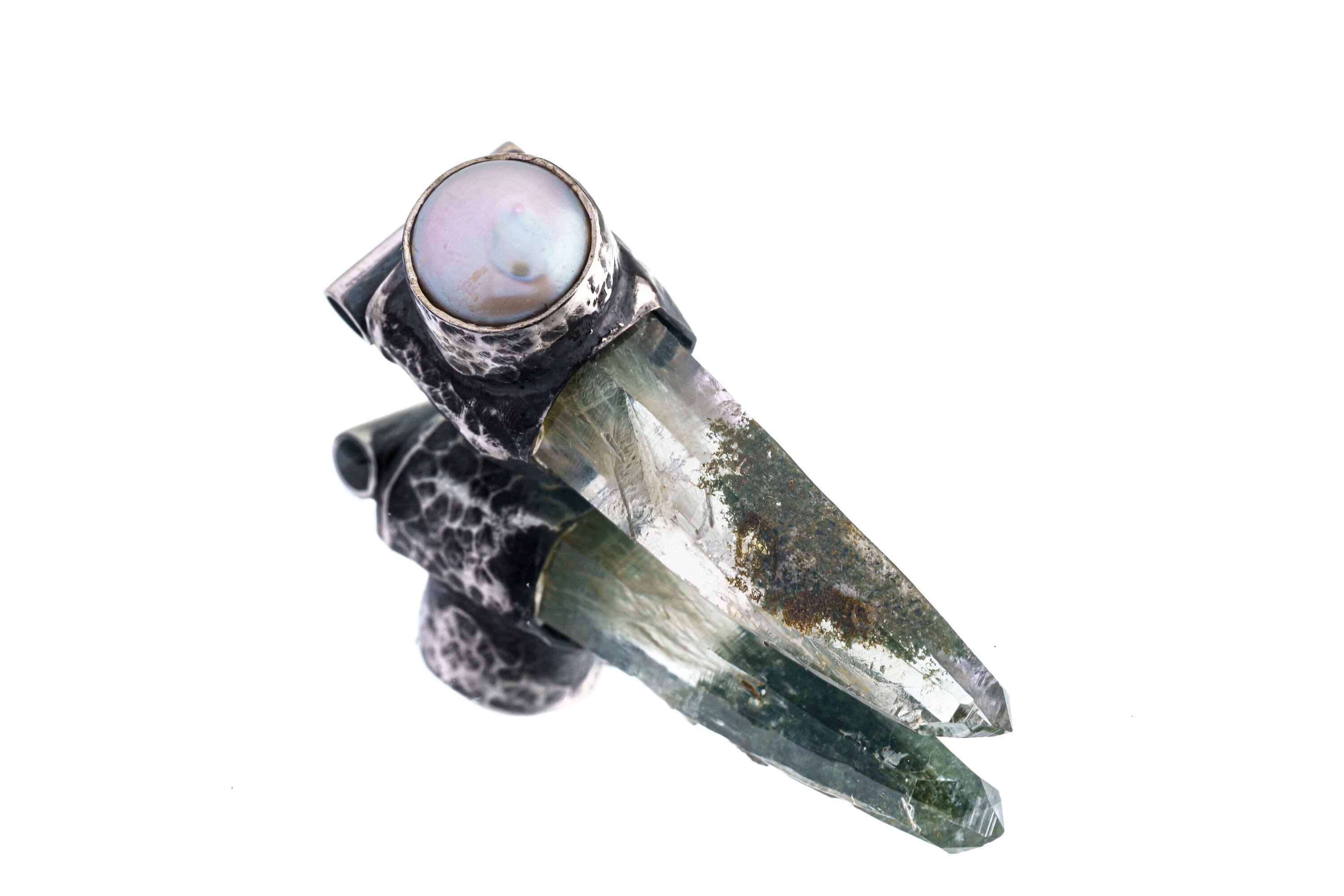 Nepali Yellow / Green Rutile Chlorite Laser Quartz with a South Sea Pearl - Stack Pendant - Textured & Oxidised 925 Sterling Silver - NO 30