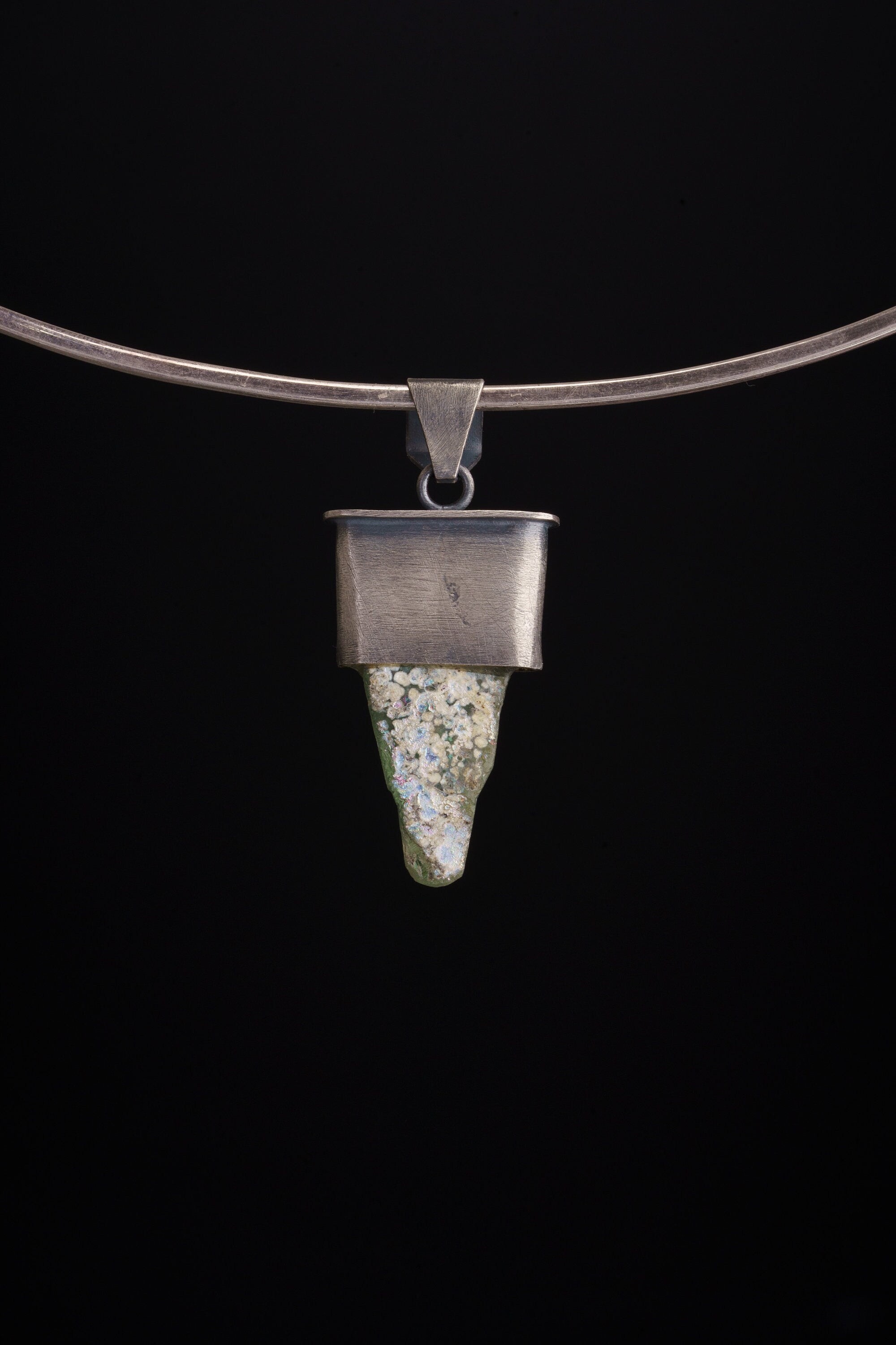 Antique Mineralised / Opalised Glass Adorned with Australian Black Opal - Rustic Brush Textured & Oxidised Sterling Silver - Crystal Pendant