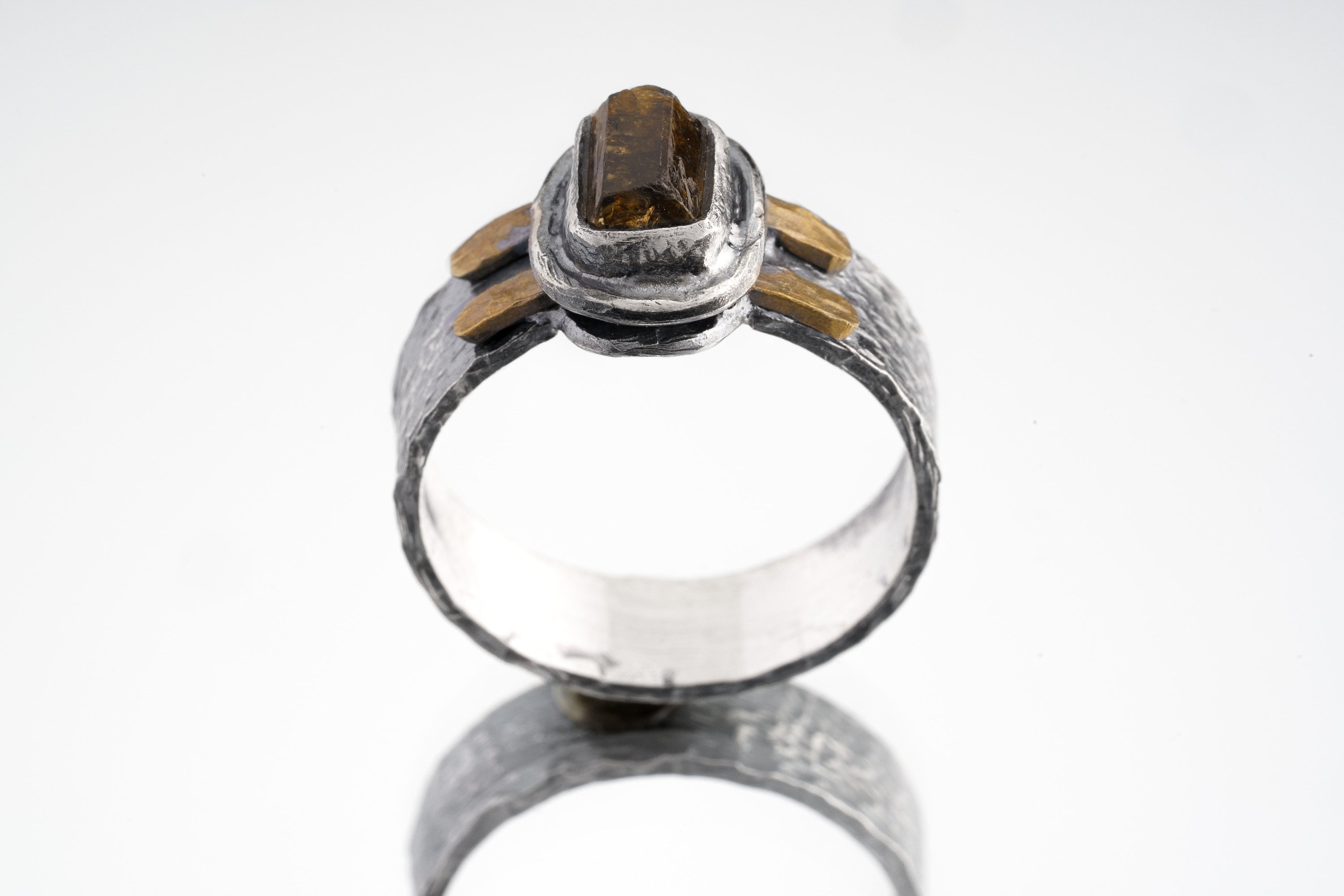 Raw Gem Dravite Brown Tourmaline - 925 Sterling Silver - Large Sized Heavy Set - Hammer Textured Silver & Brass CrystalRing