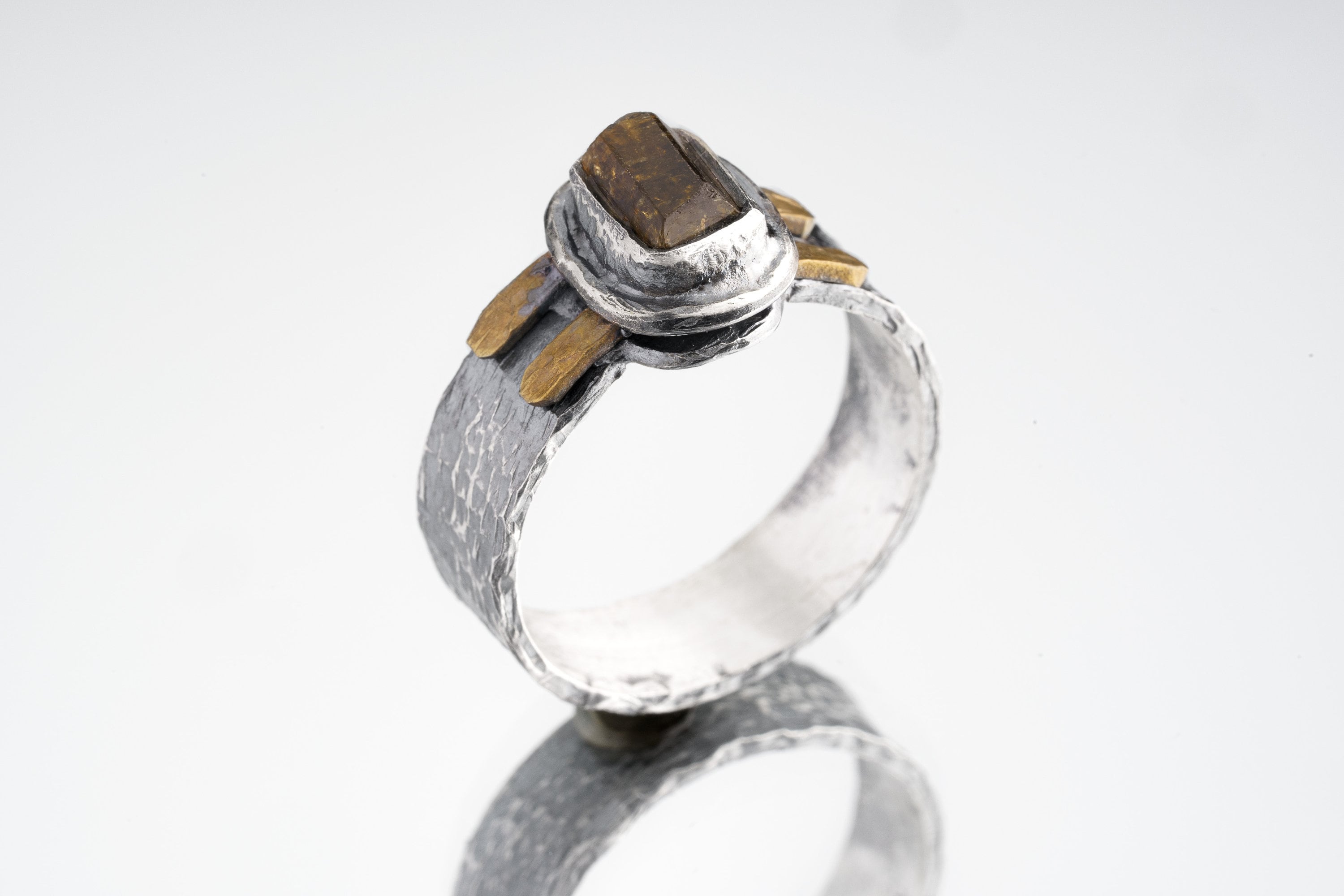 Raw Gem Dravite Brown Tourmaline - 925 Sterling Silver - Large Sized Heavy Set - Hammer Textured Silver & Brass CrystalRing