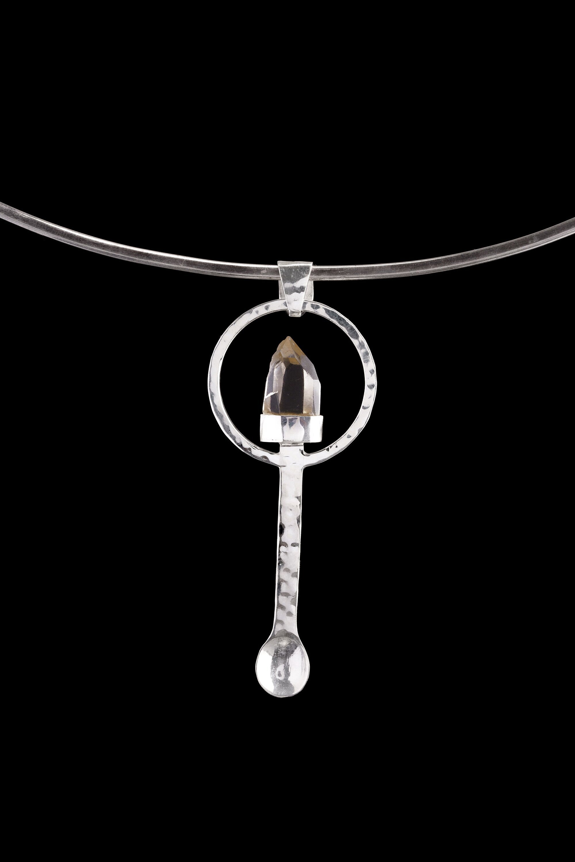 Natural Optical Himalayan Quartz Point - Spice / Ceremonial Spoon - 925 Cast Silver - Unique Hammer Textured - Crystal Pendant Necklace -