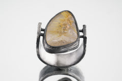 Golden Rutile Quartz - Rustic Comfortable Crystal Ring - Size 9 1/2 US - 925 Sterling Silver - Abstract Textured & Oxidised