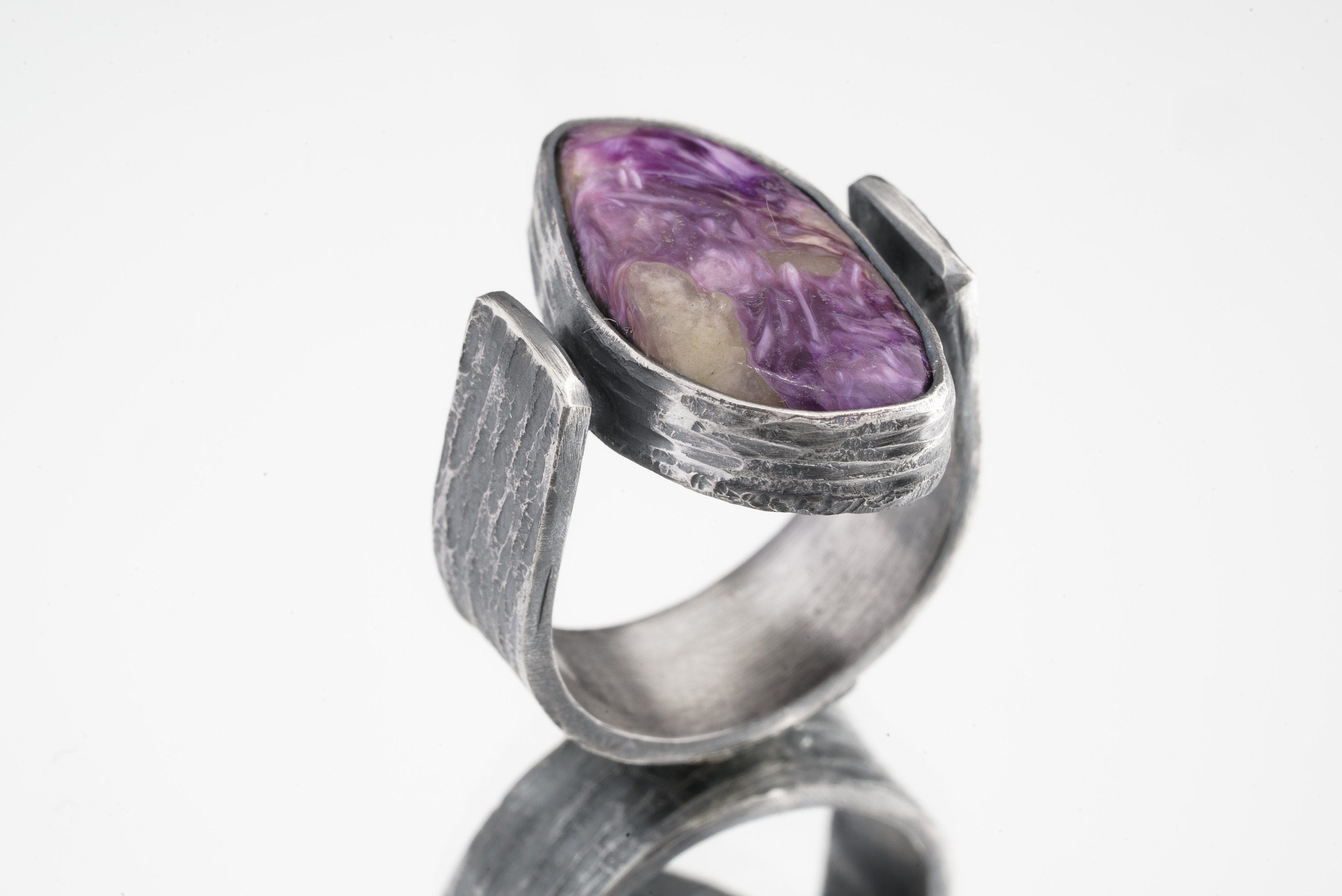 AAA Charoite Cabochon - Rustic Comfortable Crystal Ring - Size 7 1/2 US - 925 Sterling Silver - Abstract Textured & Oxidised