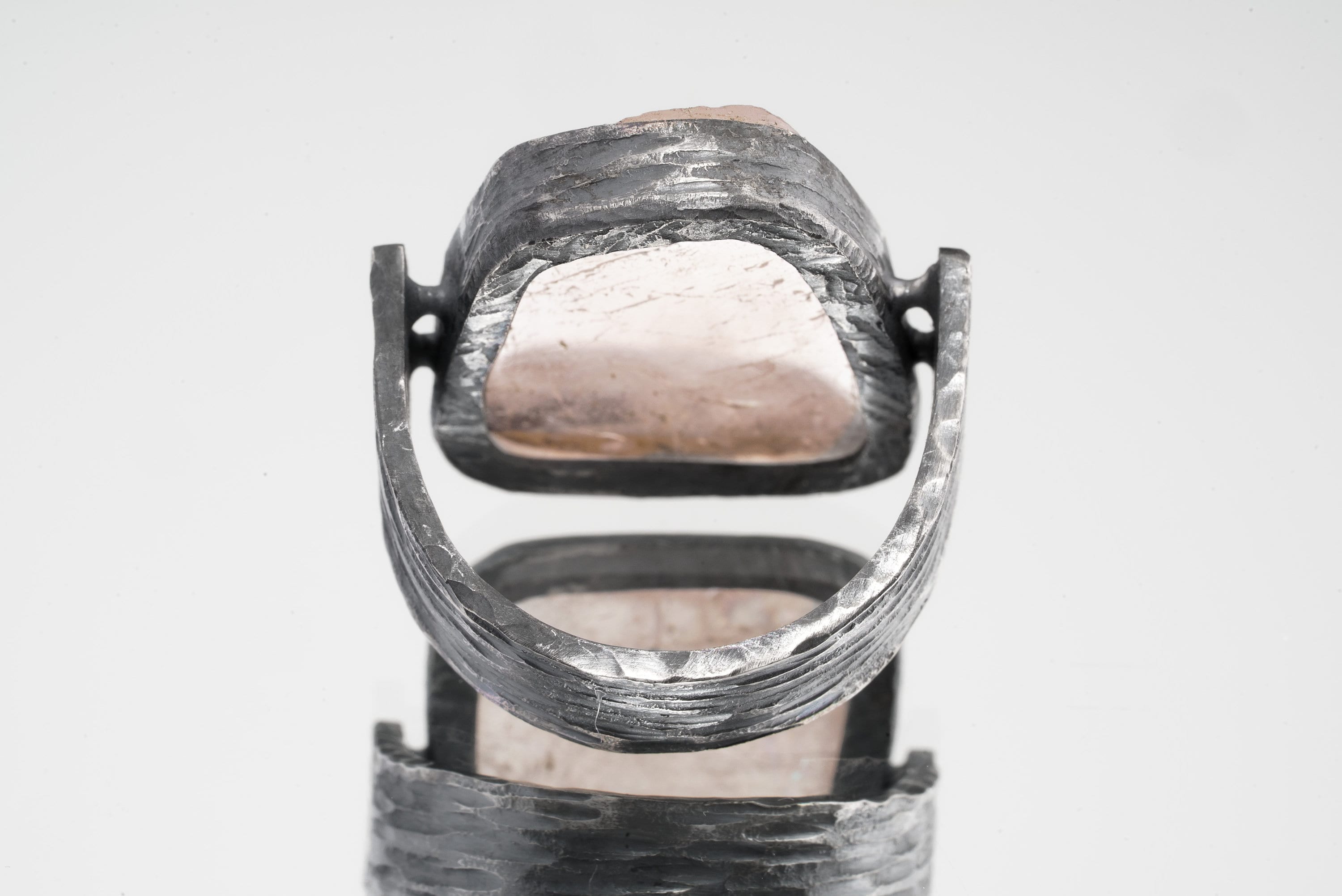 Rainbow Laced Pink Kunzite - Rustic Comfortable Crystal Ring - Size 9 US - 925 Sterling Silver - Abstract Textured & Oxidised