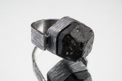 Chunky Terminated Australian Tourmaline - Rustic Comfortable Crystal Ring - Size 9 US - 925 Sterling Silver - Abstract Textured Oxidised