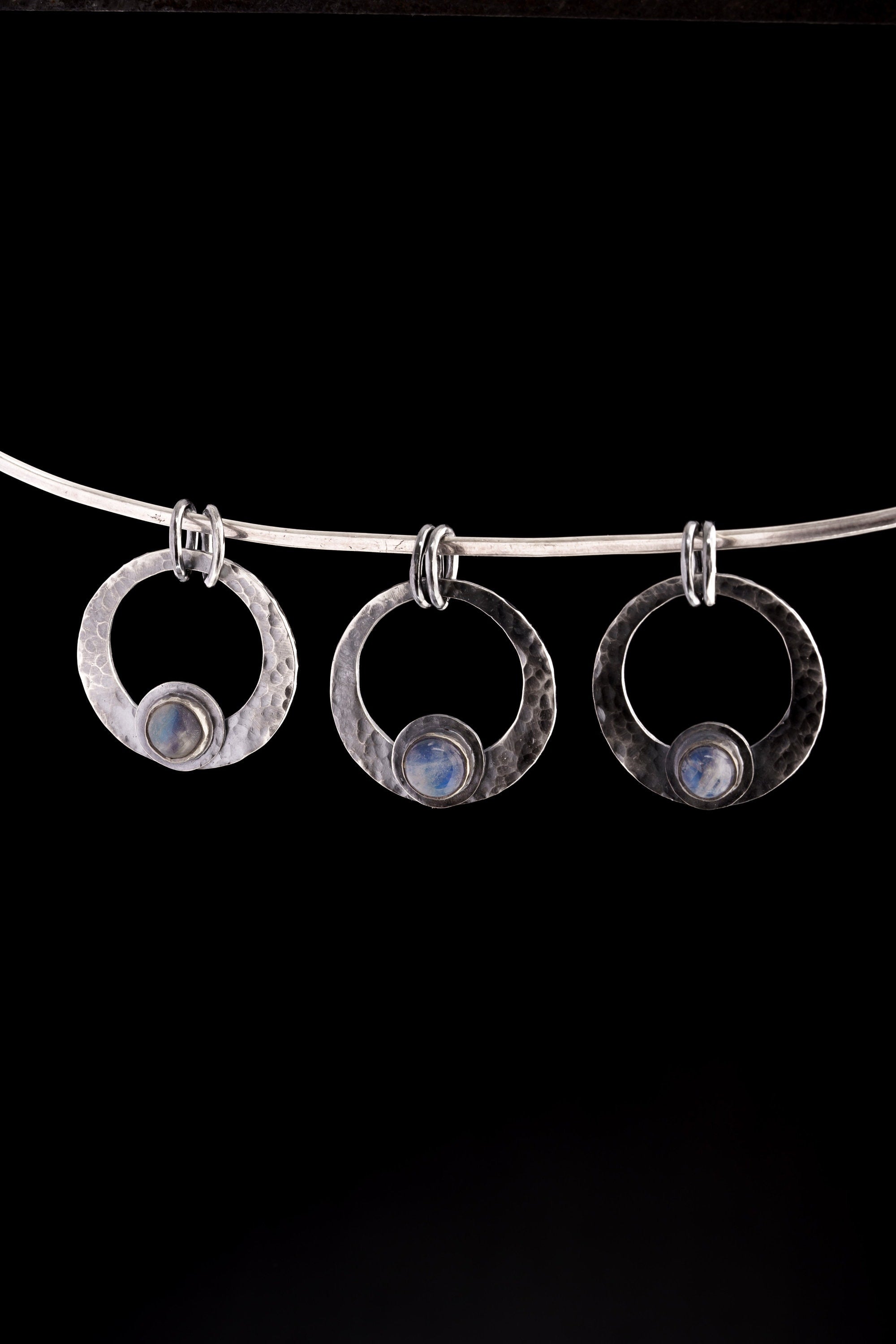 Lunar Luster: The Moonstone Crescent Moonbeam - Thick Oxidised Sterling Silver - Hammer Textured - Pendant Crystal Necklace