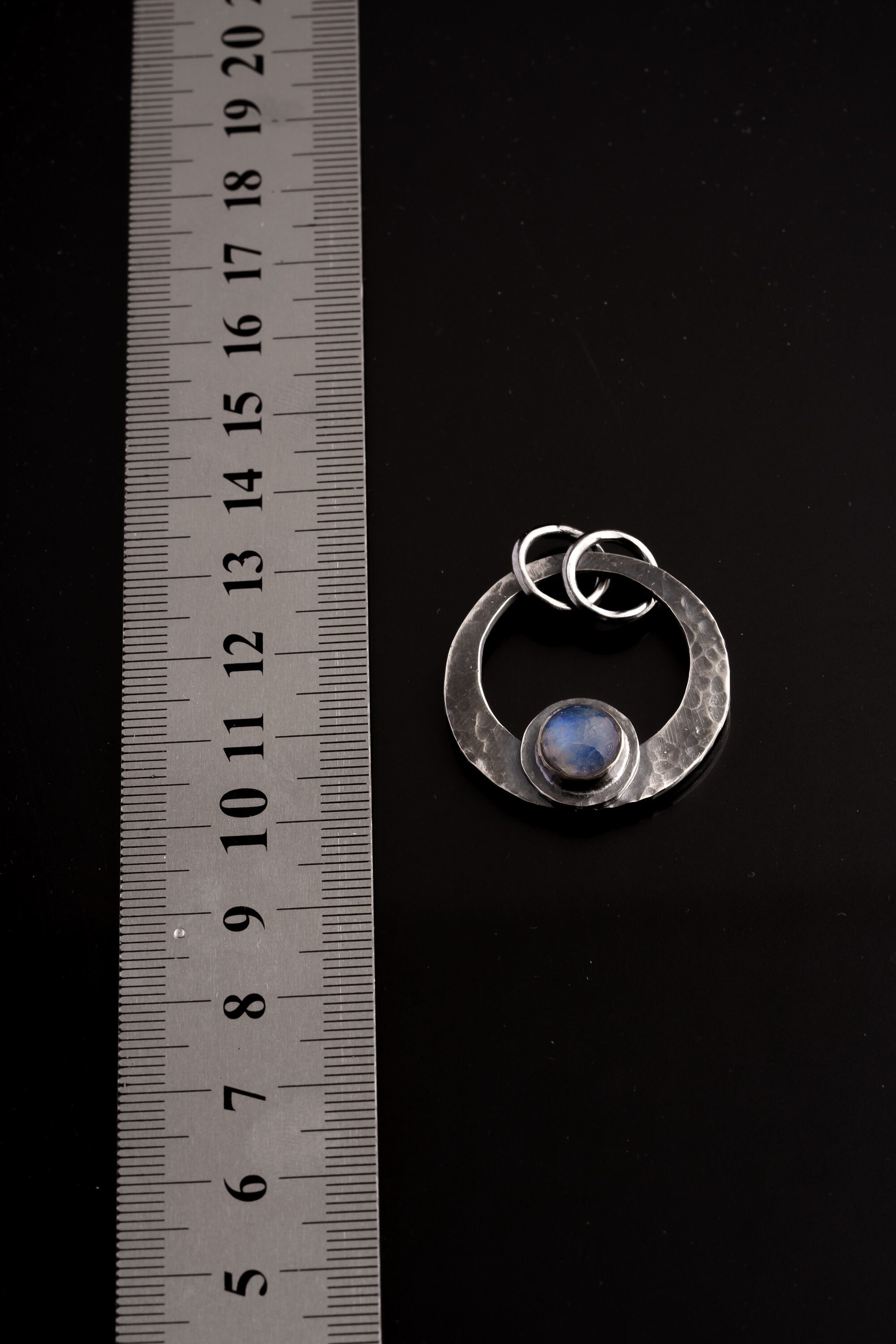 Lunar Luster: The Moonstone Crescent Moonbeam - Thick Oxidised Sterling Silver - Hammer Textured - Pendant Crystal Necklace