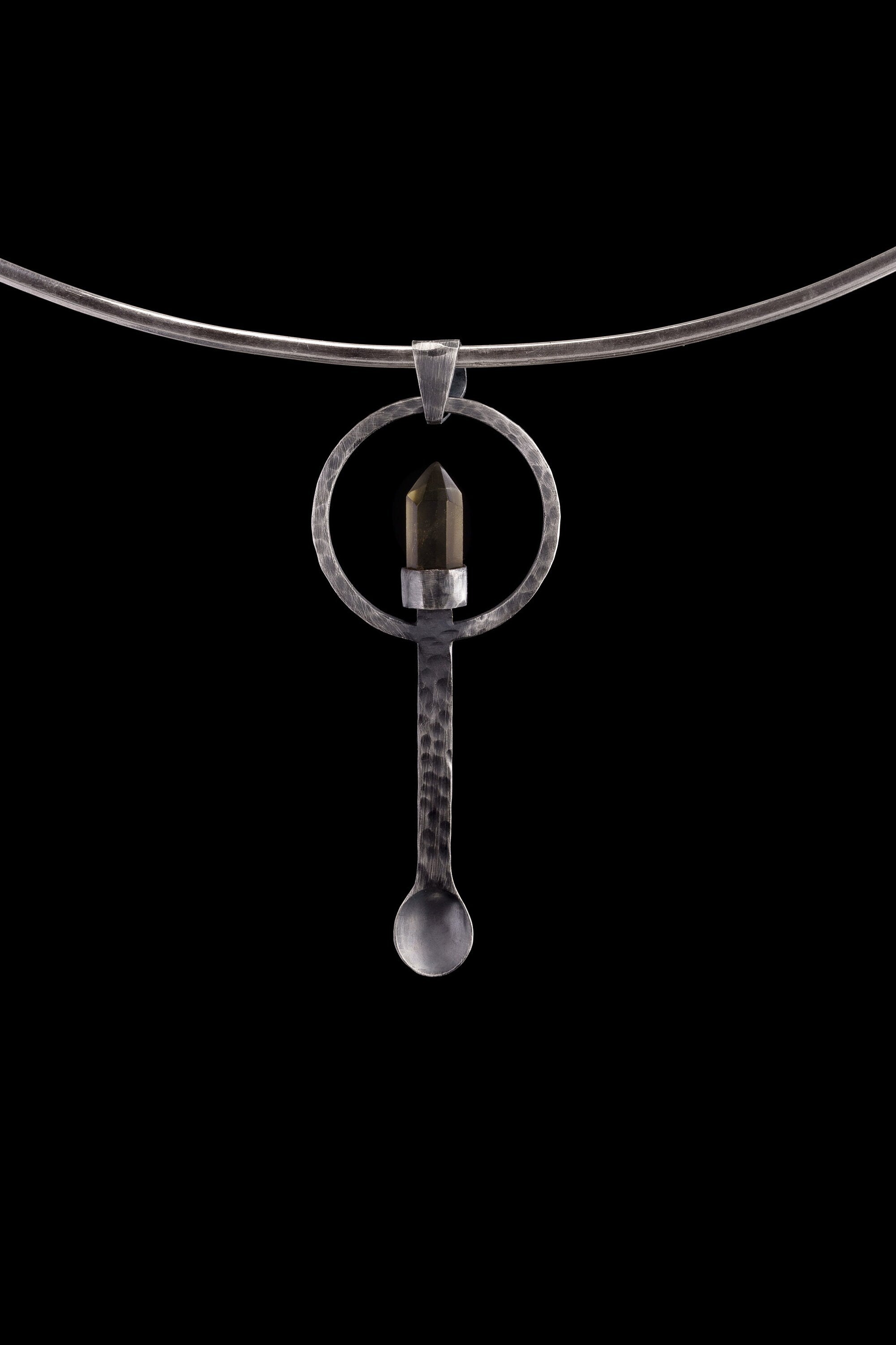 Cut Citrine Generator - Spice / Ceremonial Spoon - 925 Cast Silver - Oxidised Hammer Textured - Crystal Pendant Necklace