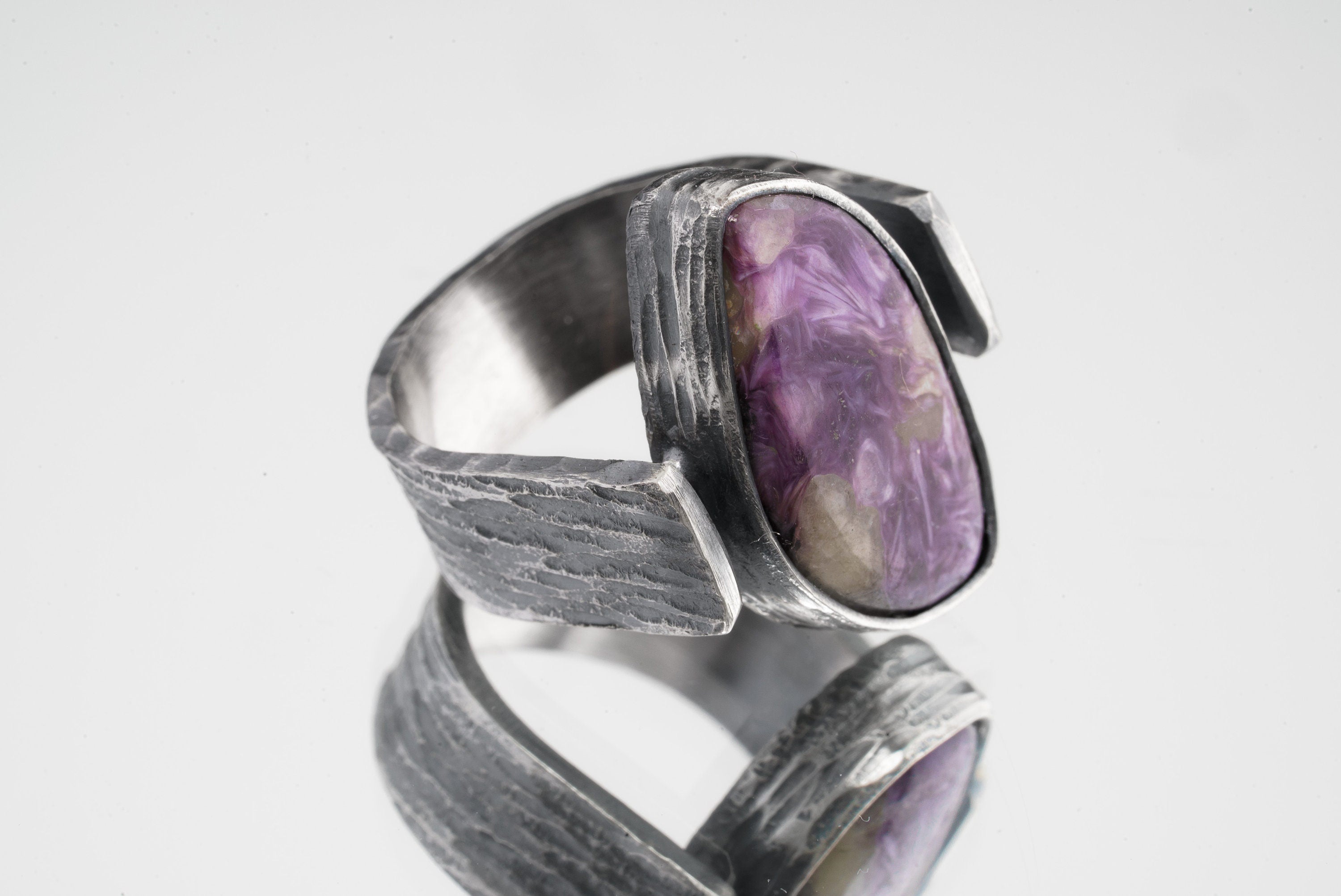 AAA Charoite Cabochon - Rustic Comfortable Crystal Ring - Size 7 1/2 US - 925 Sterling Silver - Abstract Textured & Oxidised