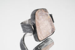 Rainbow Laced Pink Kunzite - Rustic Comfortable Crystal Ring - Size 9 US - 925 Sterling Silver - Abstract Textured & Oxidised