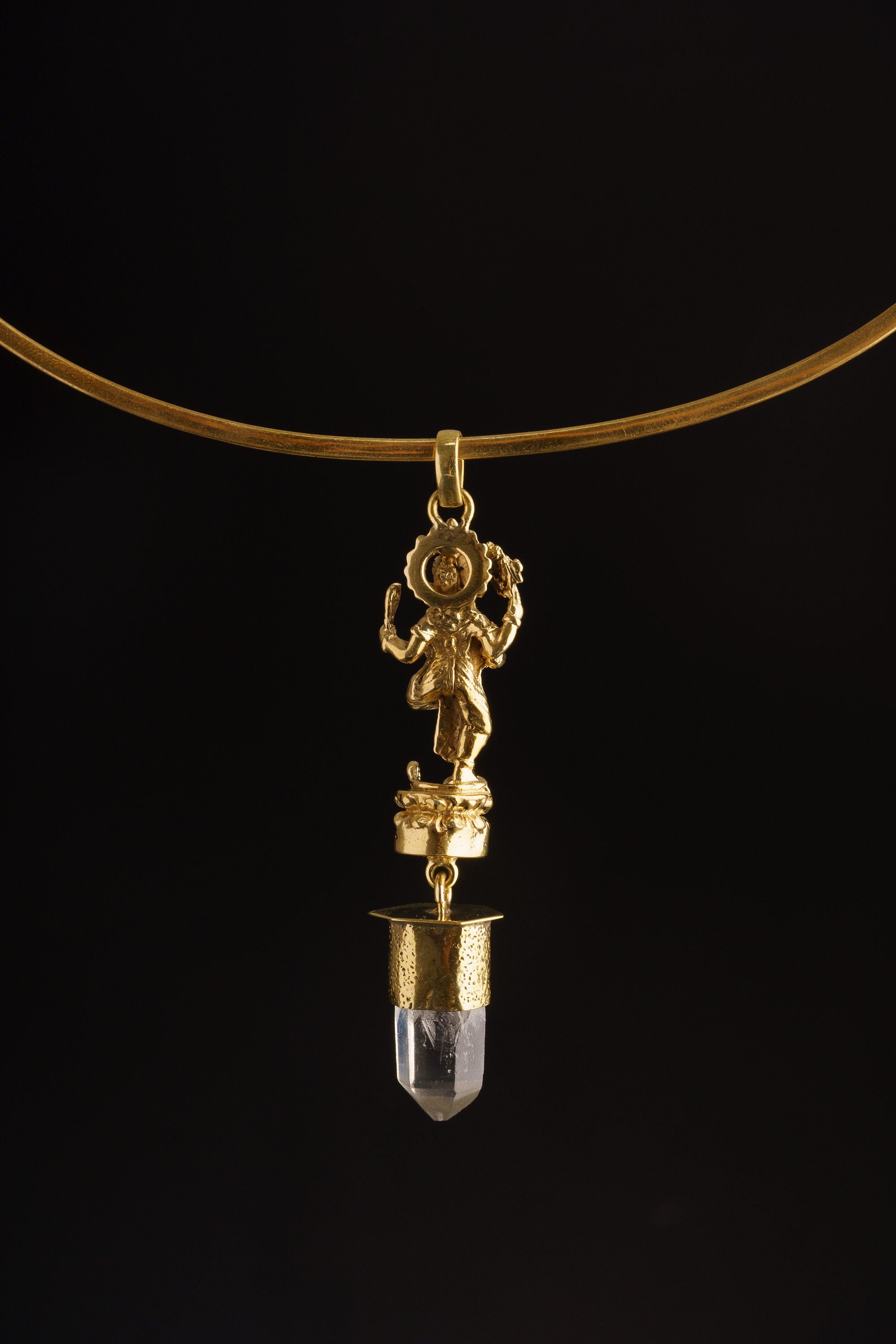 Himalayan Specialty Quartz - Shiny Golden Brass Set - Standing Lord Ganesha Cast Holding an Axe - Robust Dangling Talisman Pendant