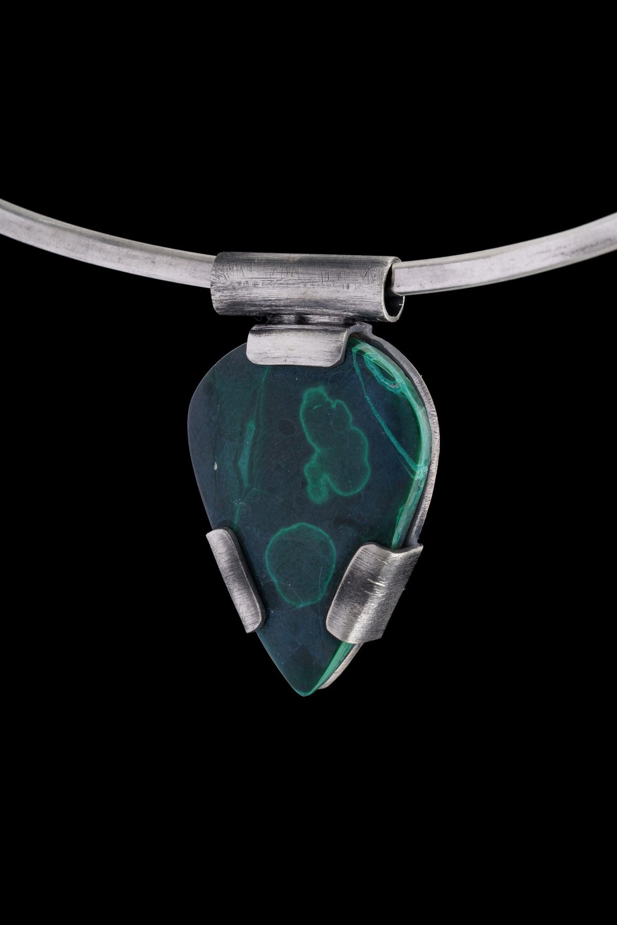 Australian Mount Isa Malachite - Upside Down Teardrop - Oxidised & Brushed Sterling Silver - Strong Claw Setting - Crystal Pendant