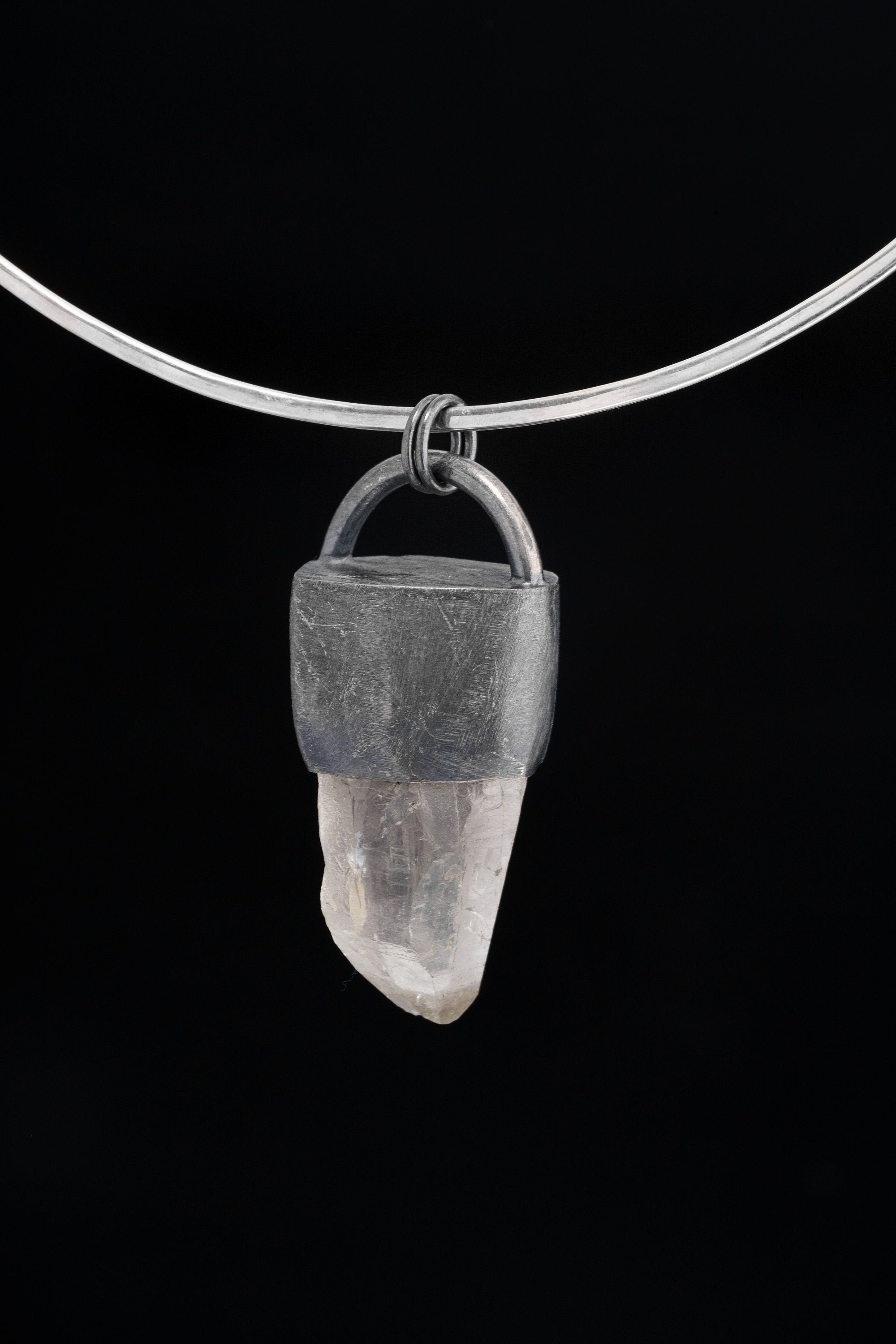 Luminescent Himalayan Laser Quartz with Pyrite- Strong/Industrial - Oxidised Sterling Silver Brushed - Crystal Pendant Neckpiece