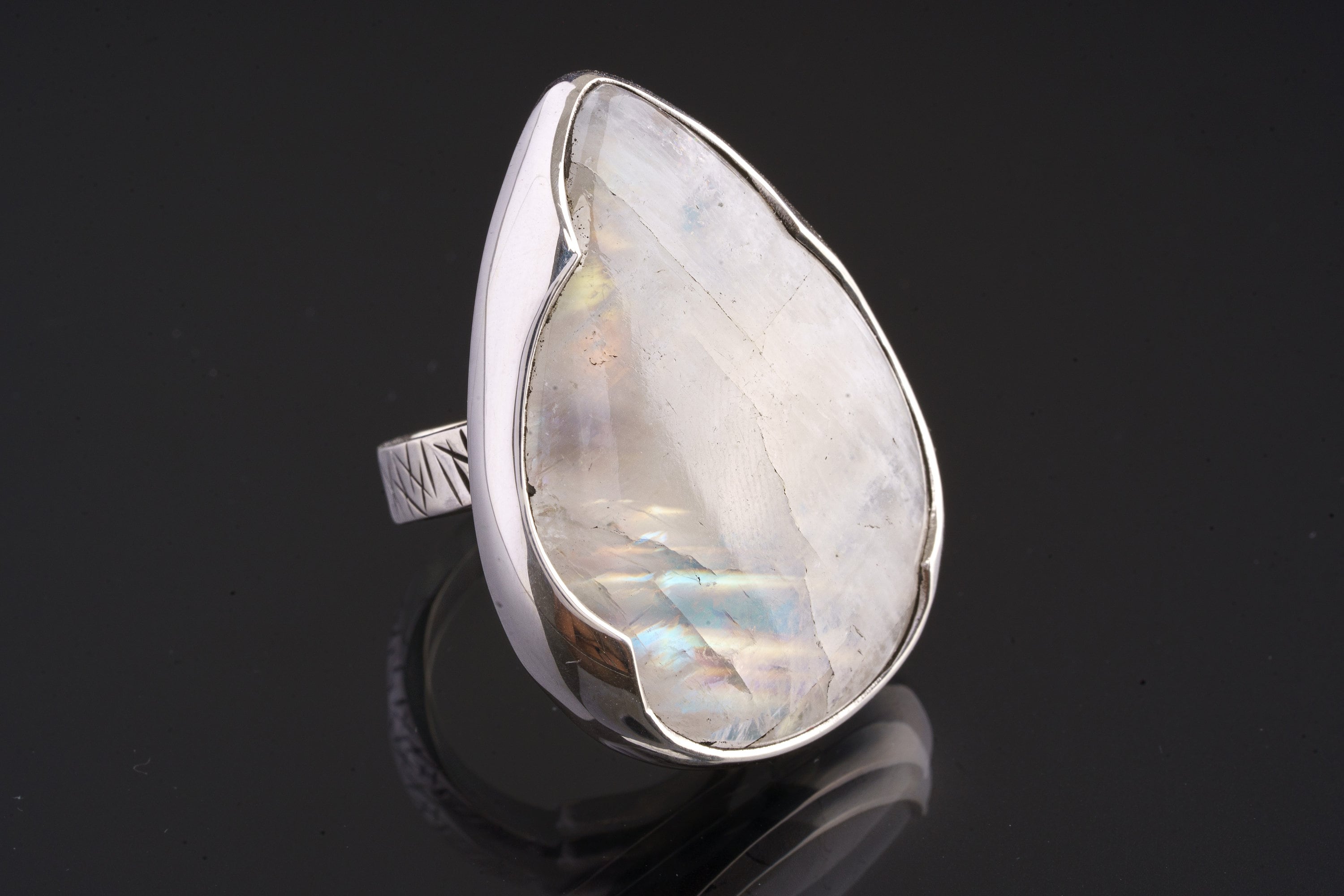 Big Teardrop Rainbow Moonstone - Brushed & Oxidised - 925 Sterling Silver - Heavy Set Adjustable Textured Ring - Size 5-10 US