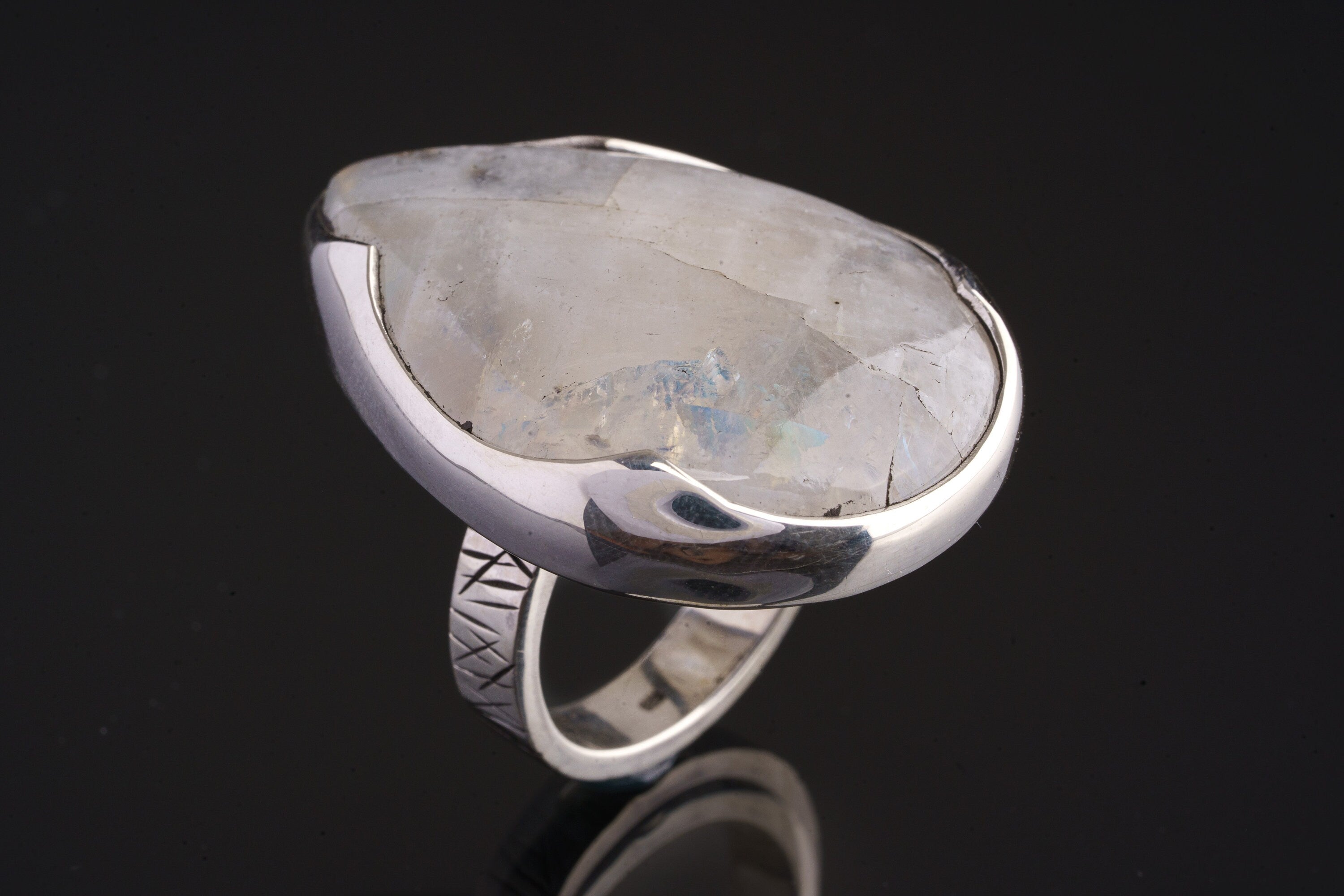 Big Teardrop Rainbow Moonstone - Brushed & Oxidised - 925 Sterling Silver - Heavy Set Adjustable Textured Ring - Size 5-10 US