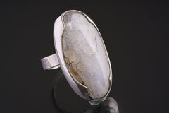 Large Oval Blue Rainbow Moonstone - Brushed & Oxidised - 925 Sterling Silver - Heavy Set Adjustable Textured Ring - Size 5-10 US