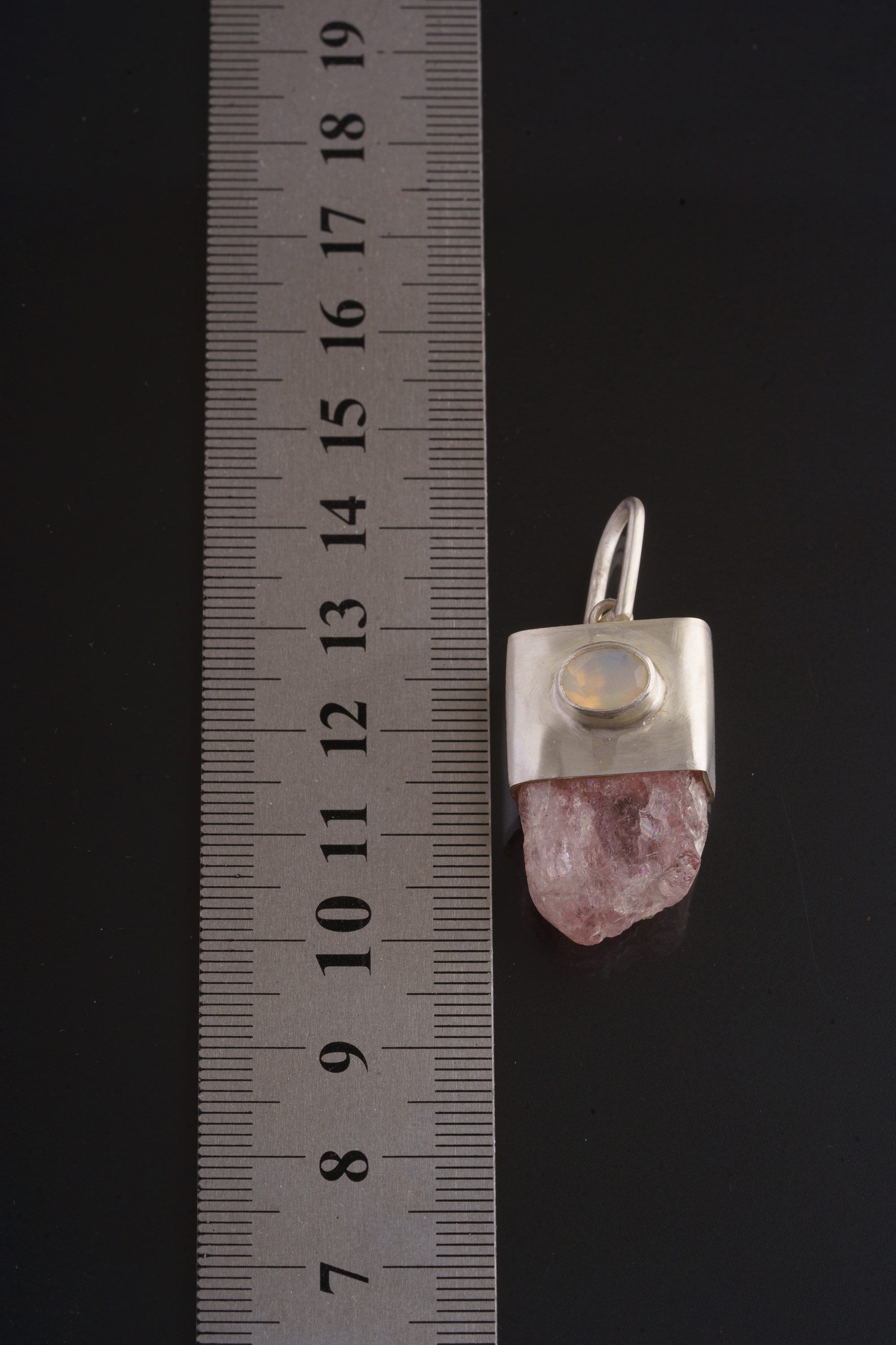 Deep Pink Kunzite with Faceted Gem Australian Opal - Matt Brushed Sterling Silver - Crystal Pendant Neckpiece NO.5