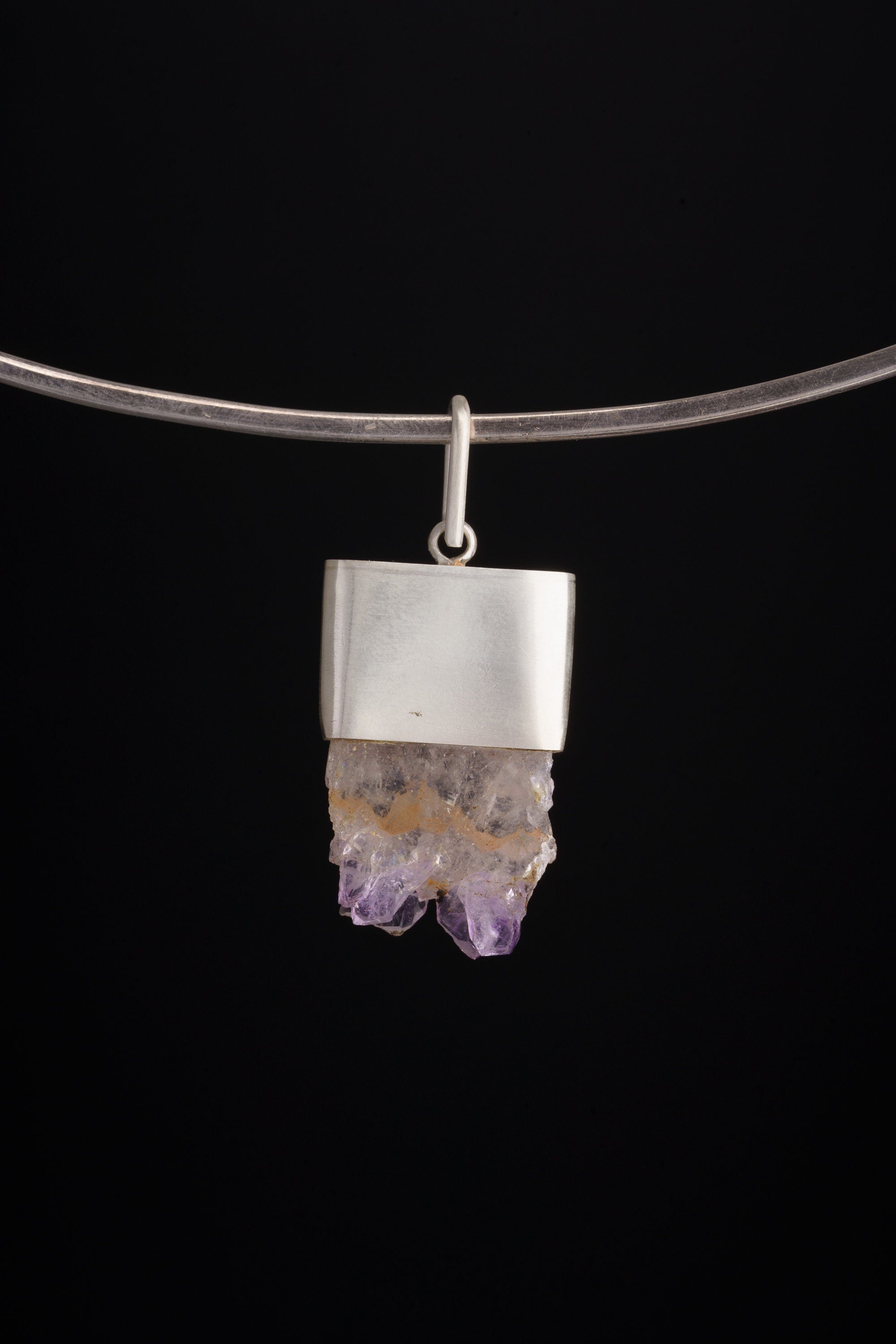 Beautiful Amethyst Geode Slice adorend with Raw Gem Ruby - Matt Brushed Sterling Silver - Crystal Pendant Neckpiece NO.7